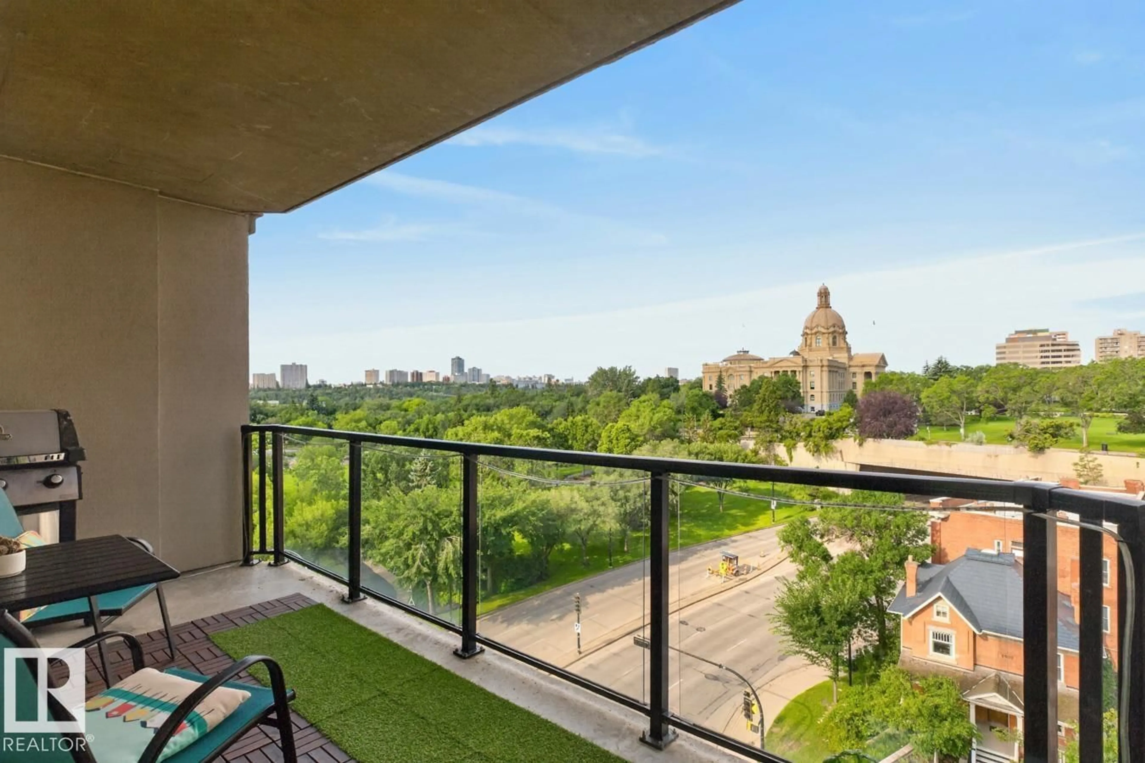 Balcony in the apartment, city buildings view from balcony for 801 - 9707 106 ST NW, Edmonton Alberta T5K0B7