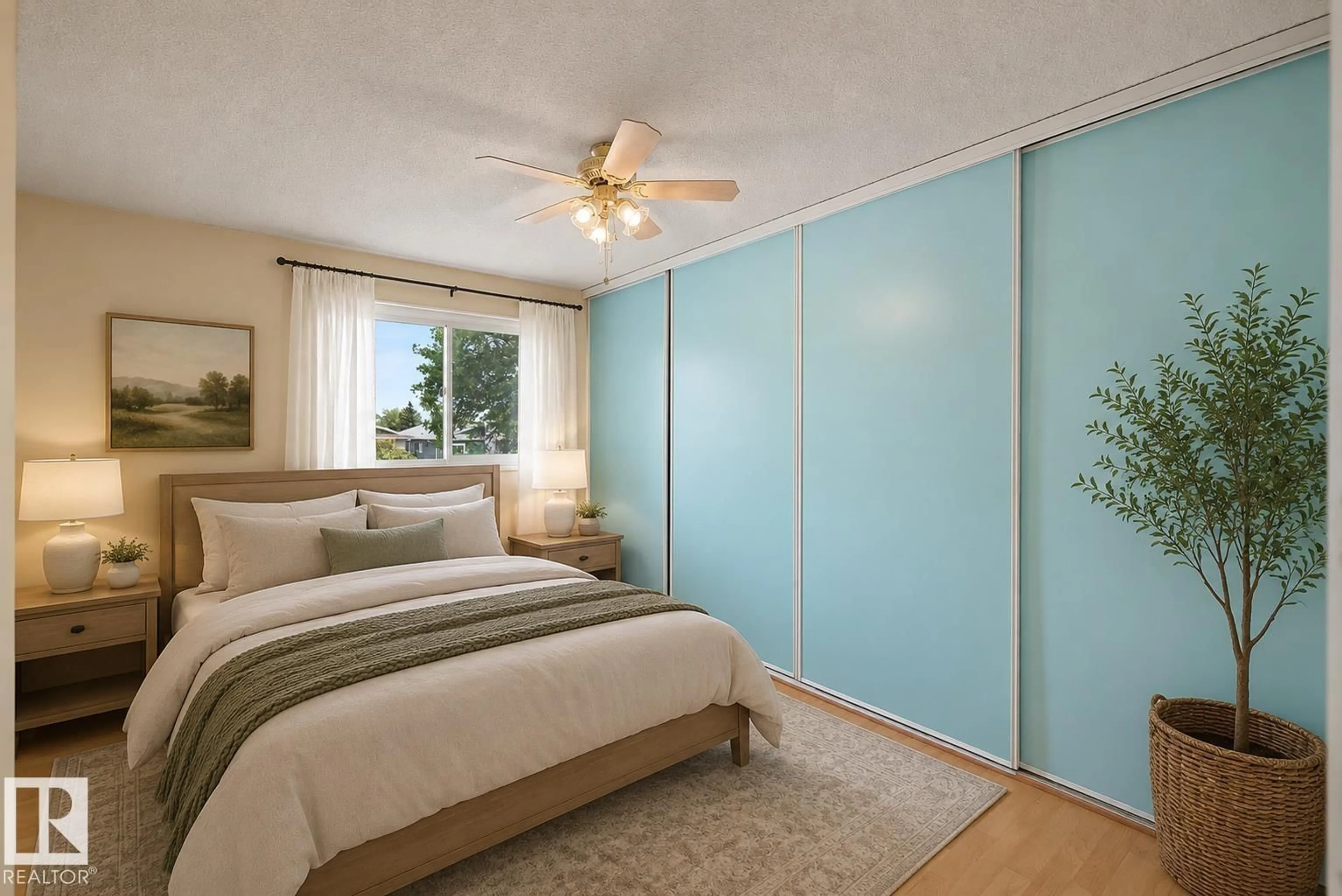 Bedroom with bed, wood/laminate floor for 10032 173 AV, Edmonton Alberta T5X3X9