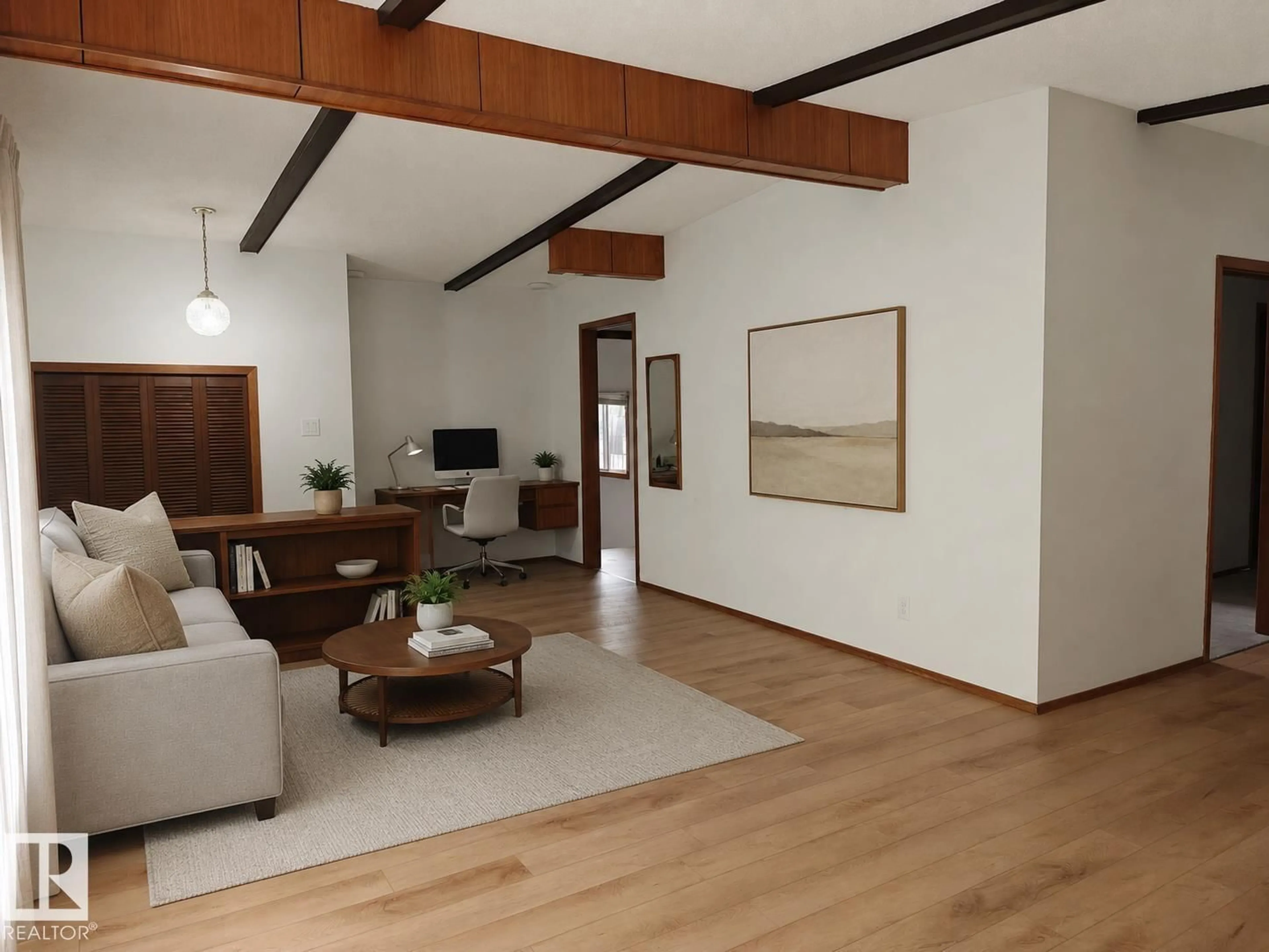 Living room with furniture, wood/laminate floor for 15012 63 ST, Edmonton Alberta T5A2B8