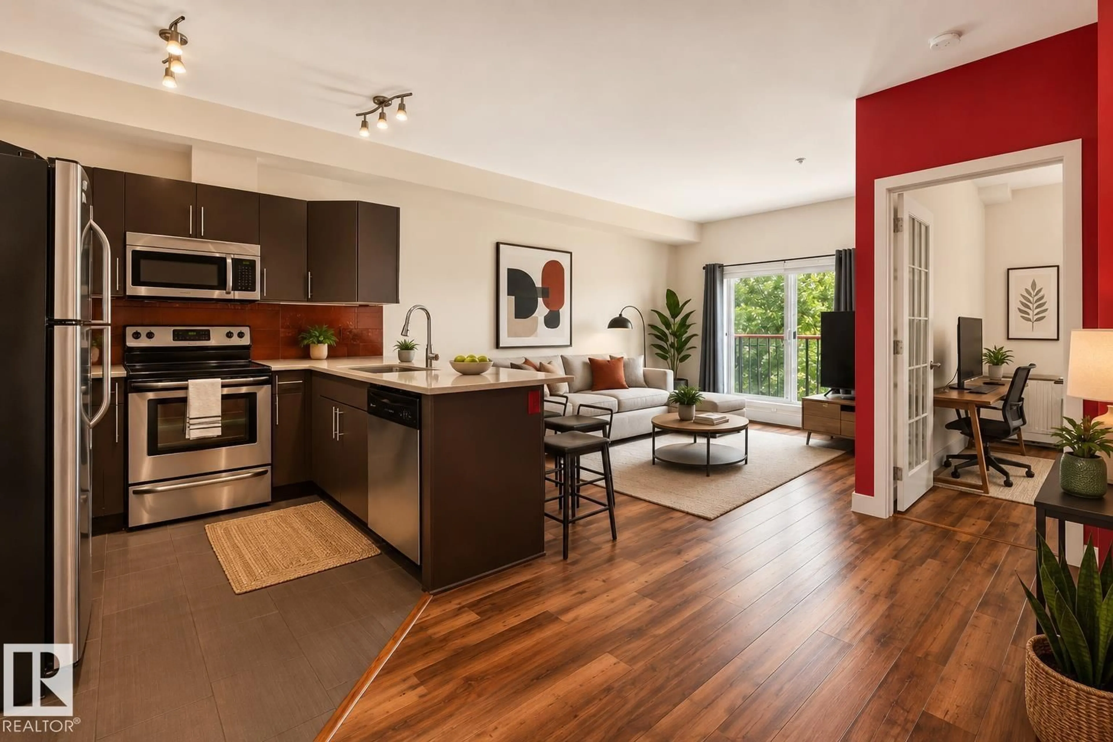 Open concept kitchen, wood/laminate floor for #303 - 10611 117 ST NW, Edmonton Alberta T5H0G6