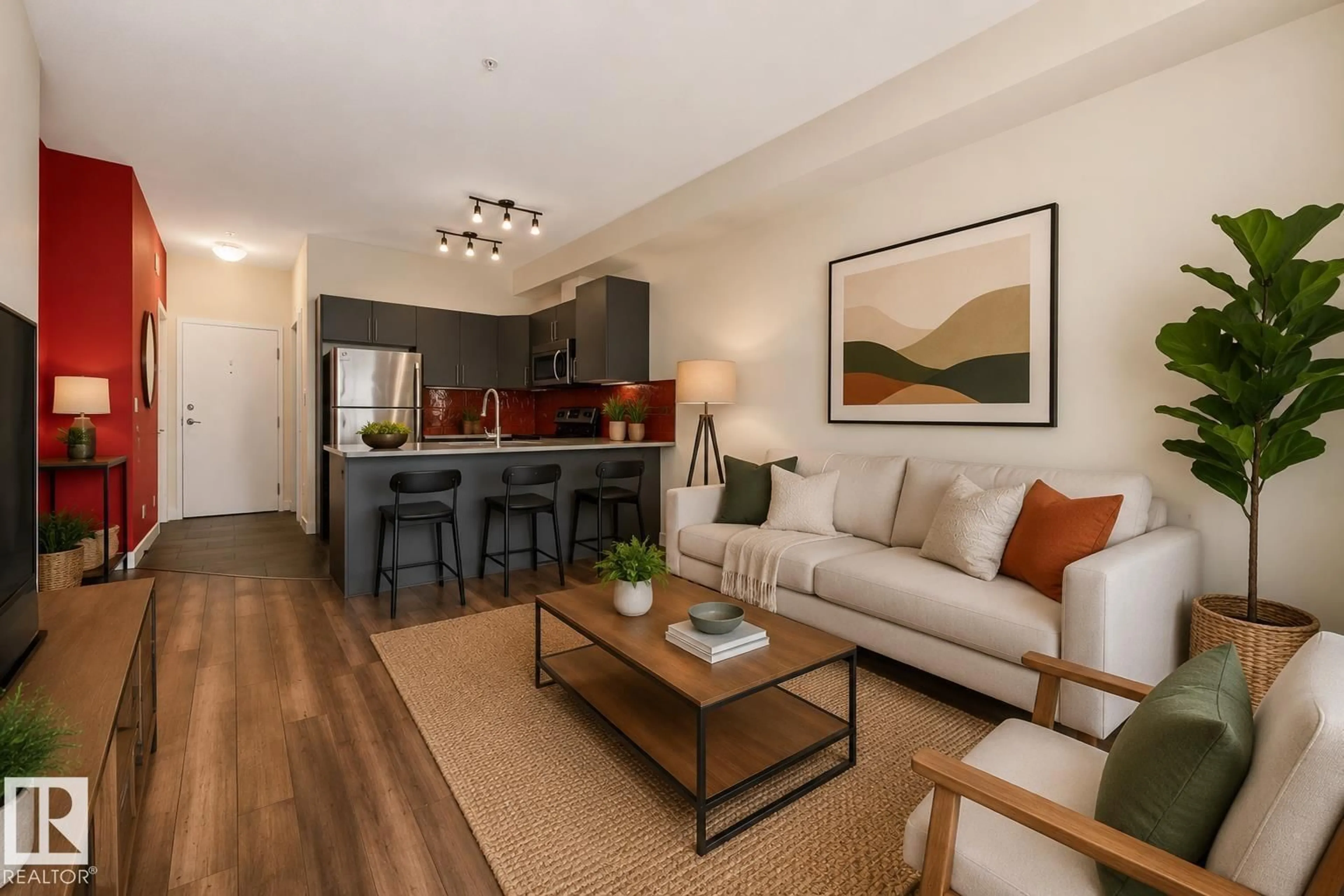 Living room with furniture, wood/laminate floor for #303 - 10611 117 ST NW, Edmonton Alberta T5H0G6