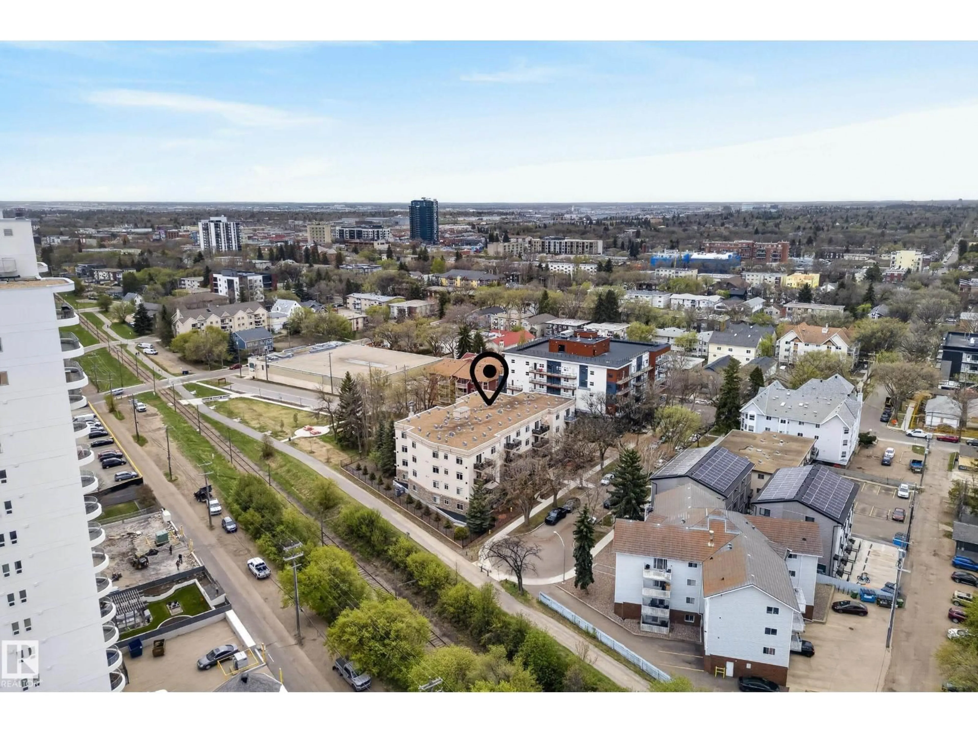 A pic from outside/outdoor area/front of a property/back of a property/a pic from drone, city buildings view from balcony for 303 - 8631 108 ST, Edmonton Alberta T6E4M5