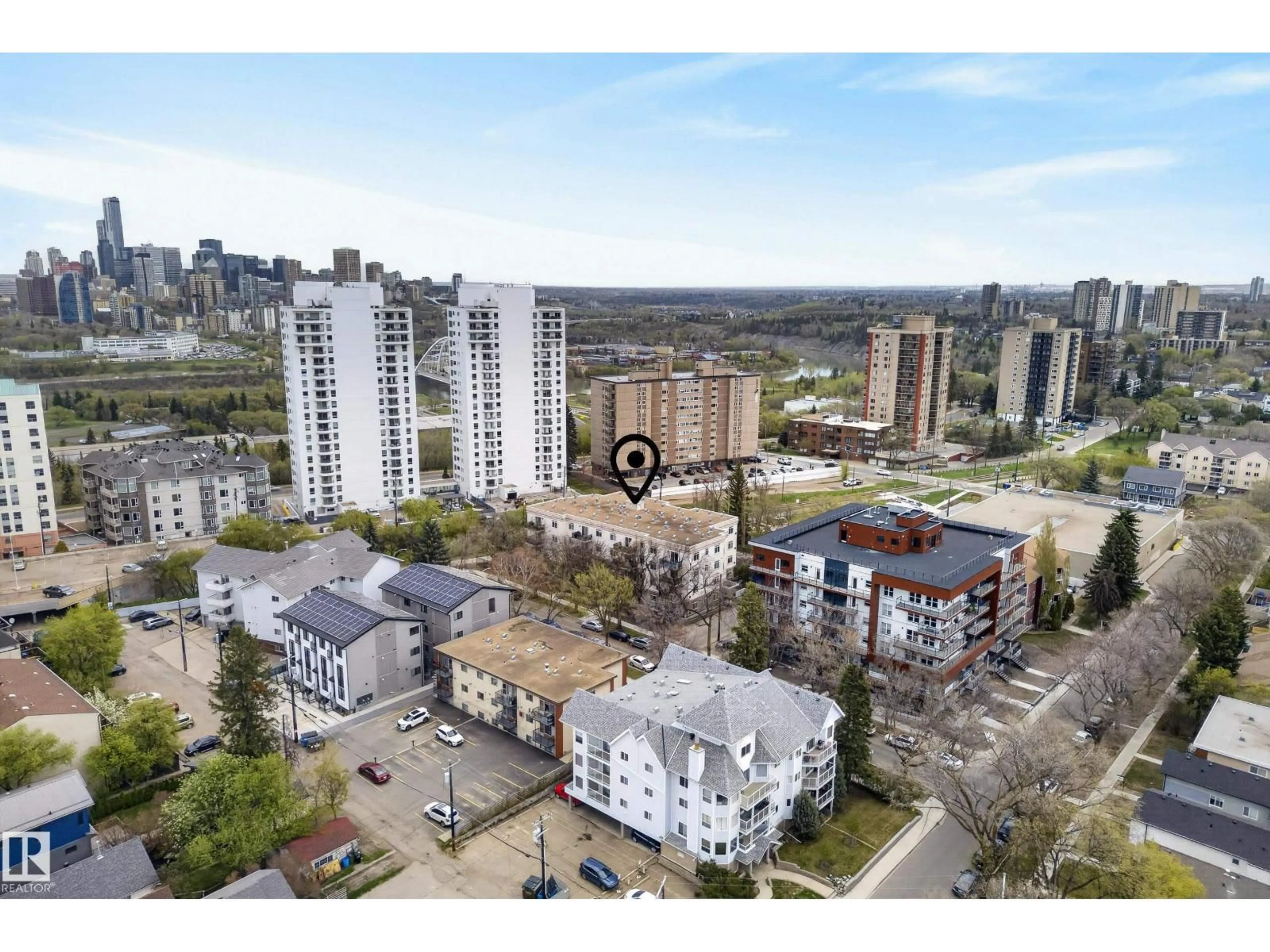 A pic from outside/outdoor area/front of a property/back of a property/a pic from drone, city buildings view from balcony for 303 - 8631 108 ST, Edmonton Alberta T6E4M5