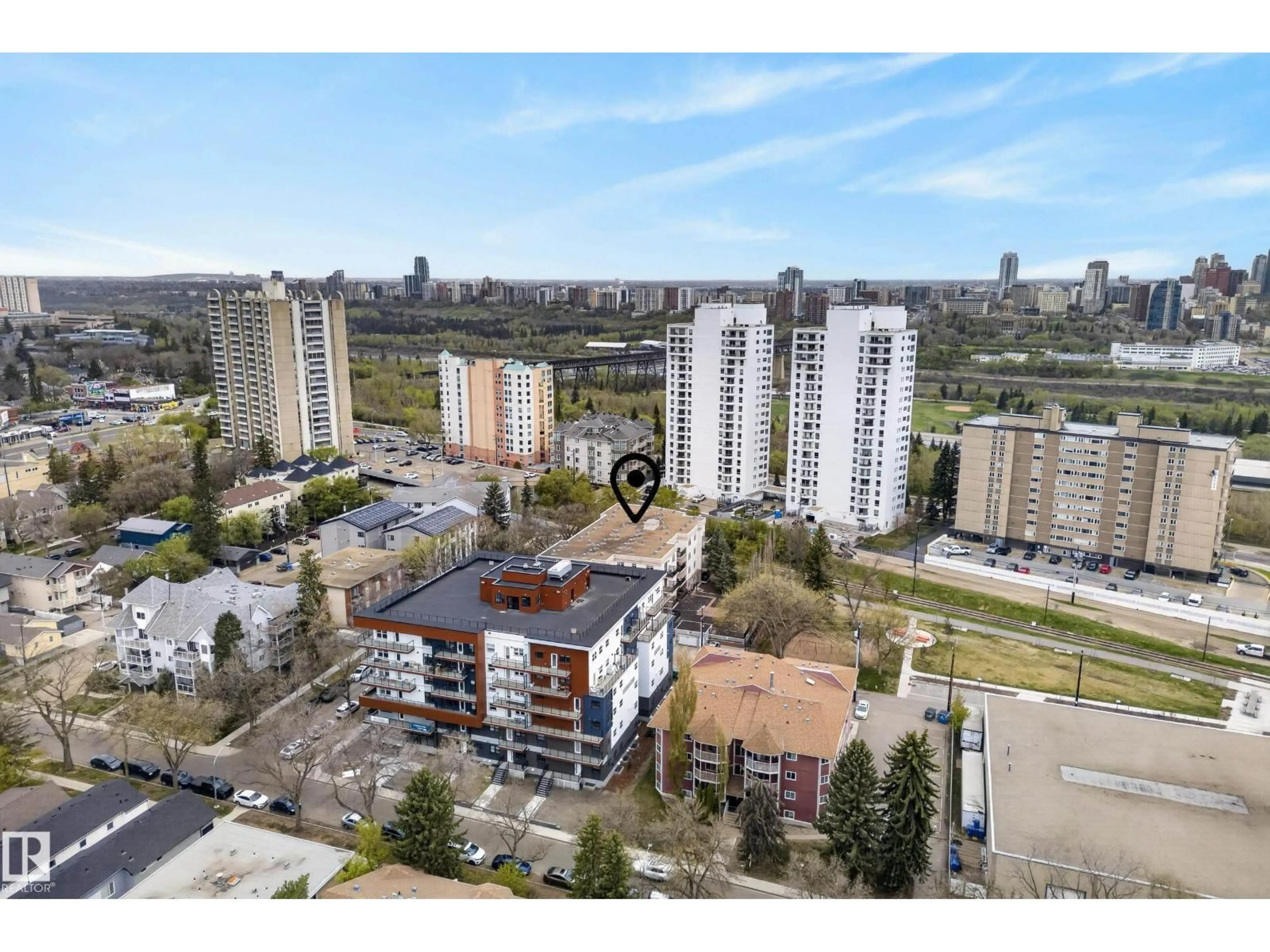 A pic from outside/outdoor area/front of a property/back of a property/a pic from drone, city buildings view from balcony for 303 - 8631 108 ST, Edmonton Alberta T6E4M5