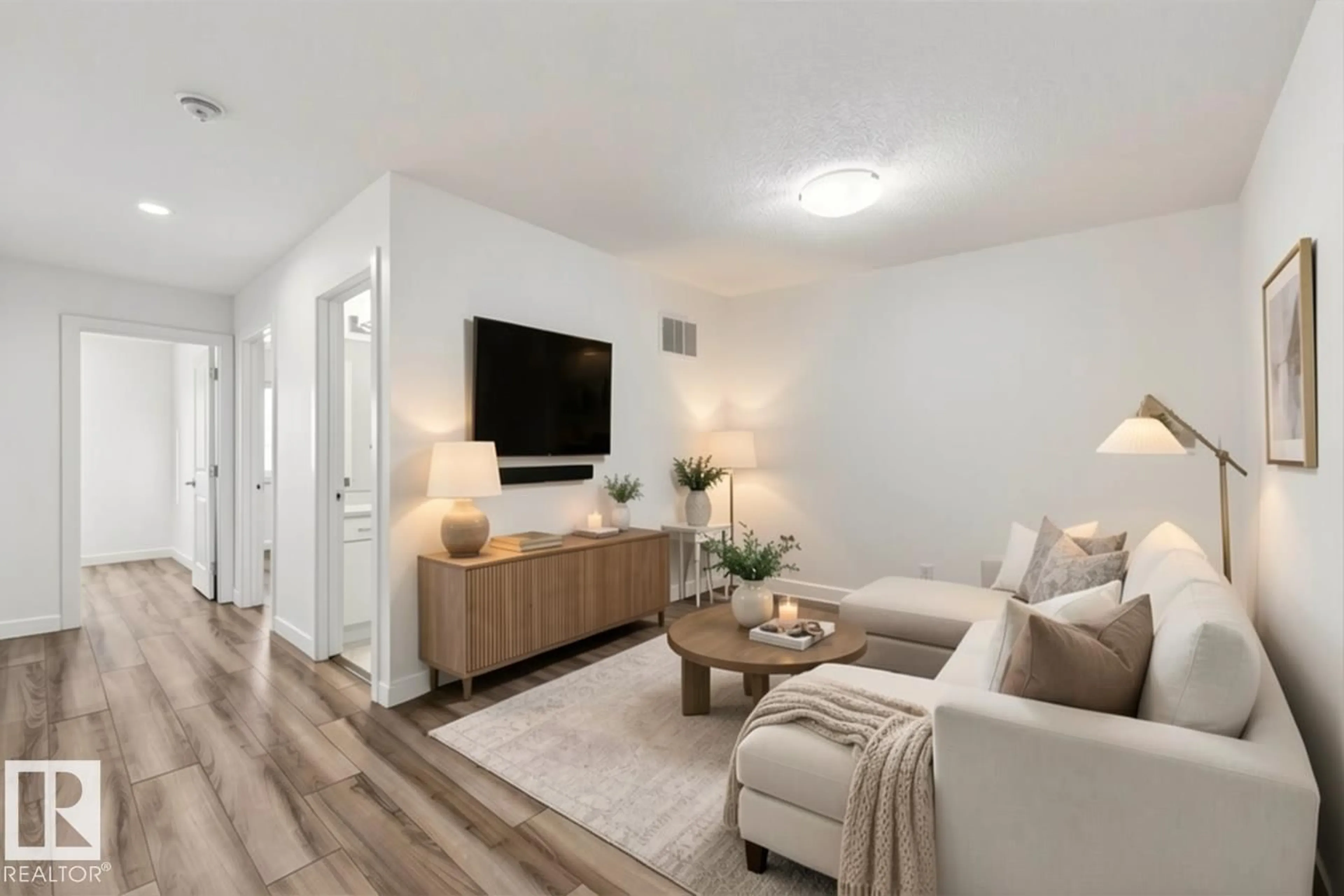 Living room with furniture, wood/laminate floor for 4853 ALWOOD PT, Edmonton Alberta T6W4N1