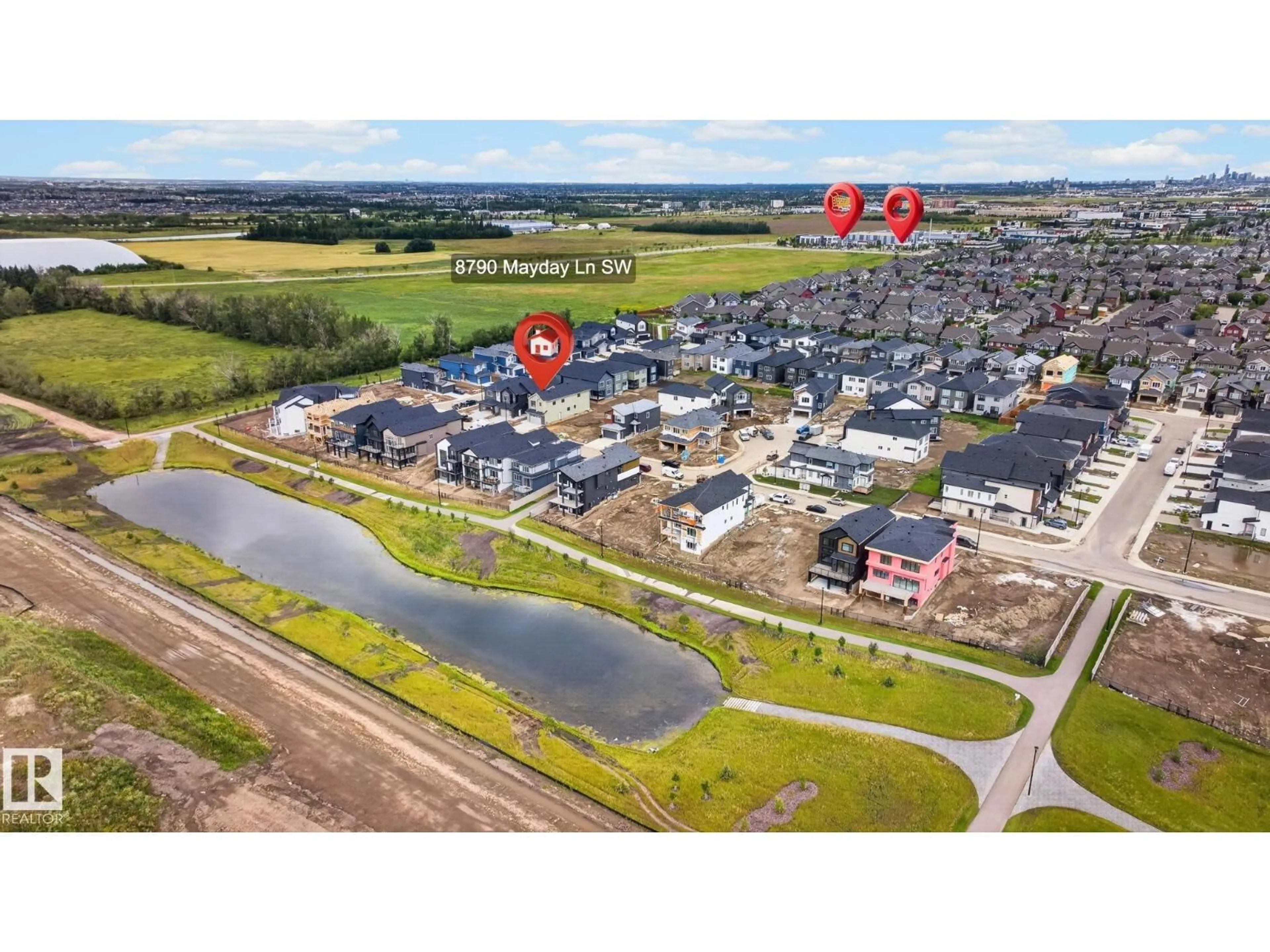 A pic from outside/outdoor area/front of a property/back of a property/a pic from drone, water/lake/river/ocean view for 8790 MAYDAY LN, Edmonton Alberta T6X3G1