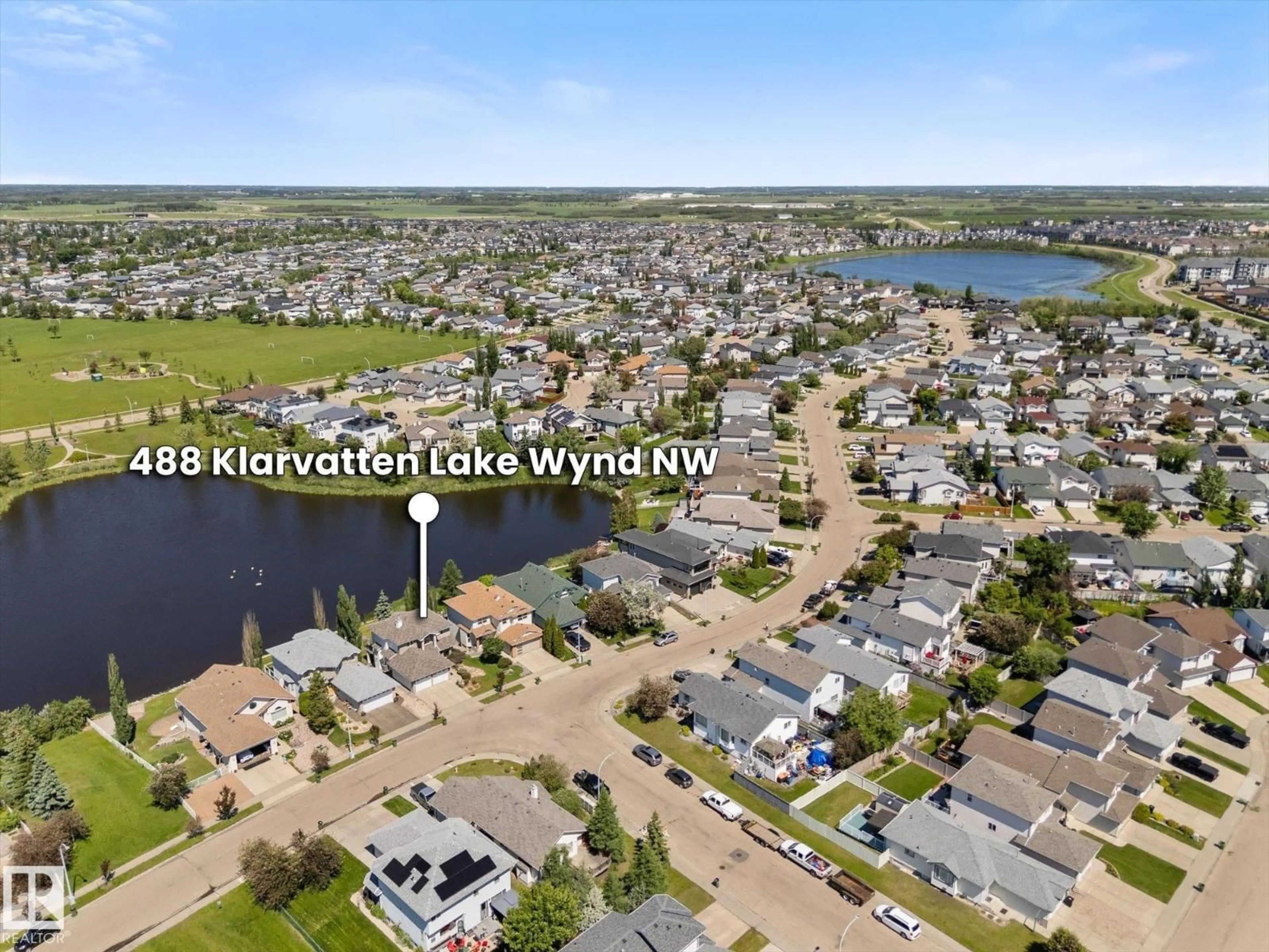 A pic from outside/outdoor area/front of a property/back of a property/a pic from drone, water/lake/river/ocean view for 488 KLARVATTEN LAKE WD, Edmonton Alberta T5Z3G7