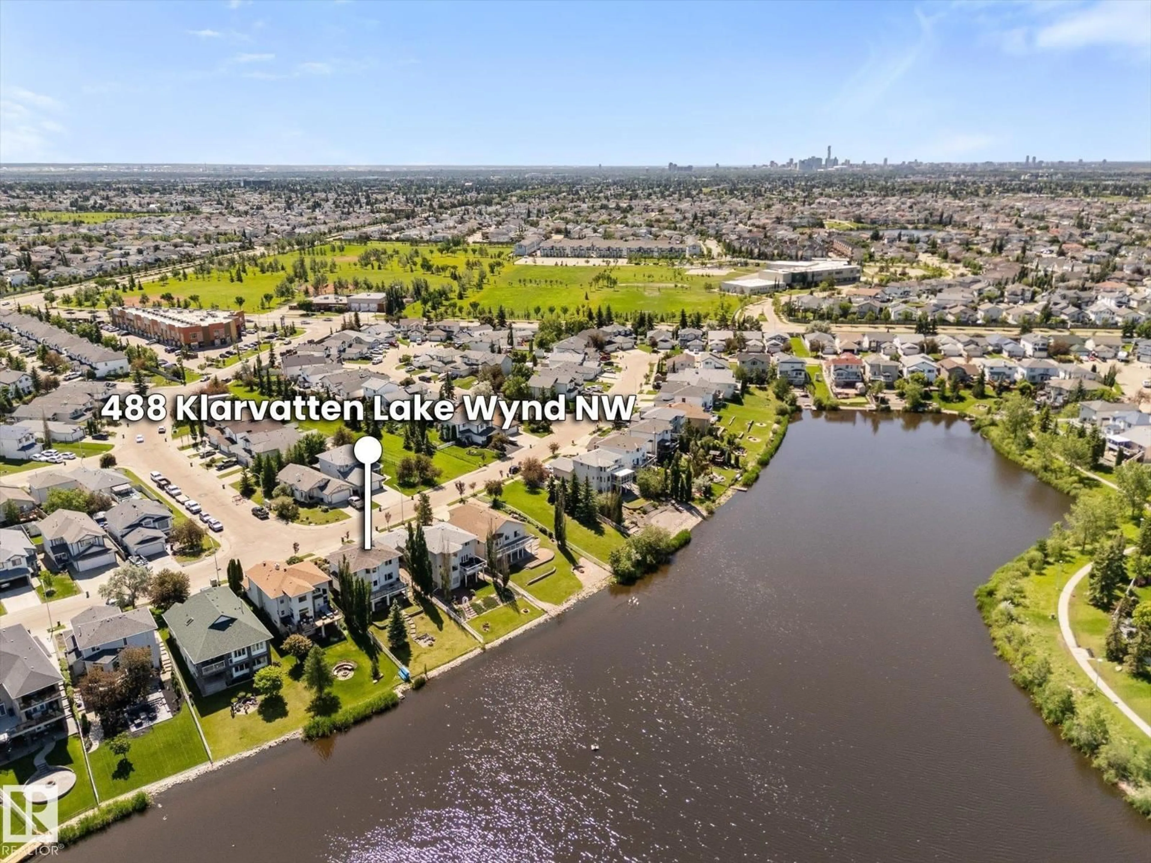 A pic from outside/outdoor area/front of a property/back of a property/a pic from drone, water/lake/river/ocean view for 488 KLARVATTEN LAKE WD, Edmonton Alberta T5Z3G7