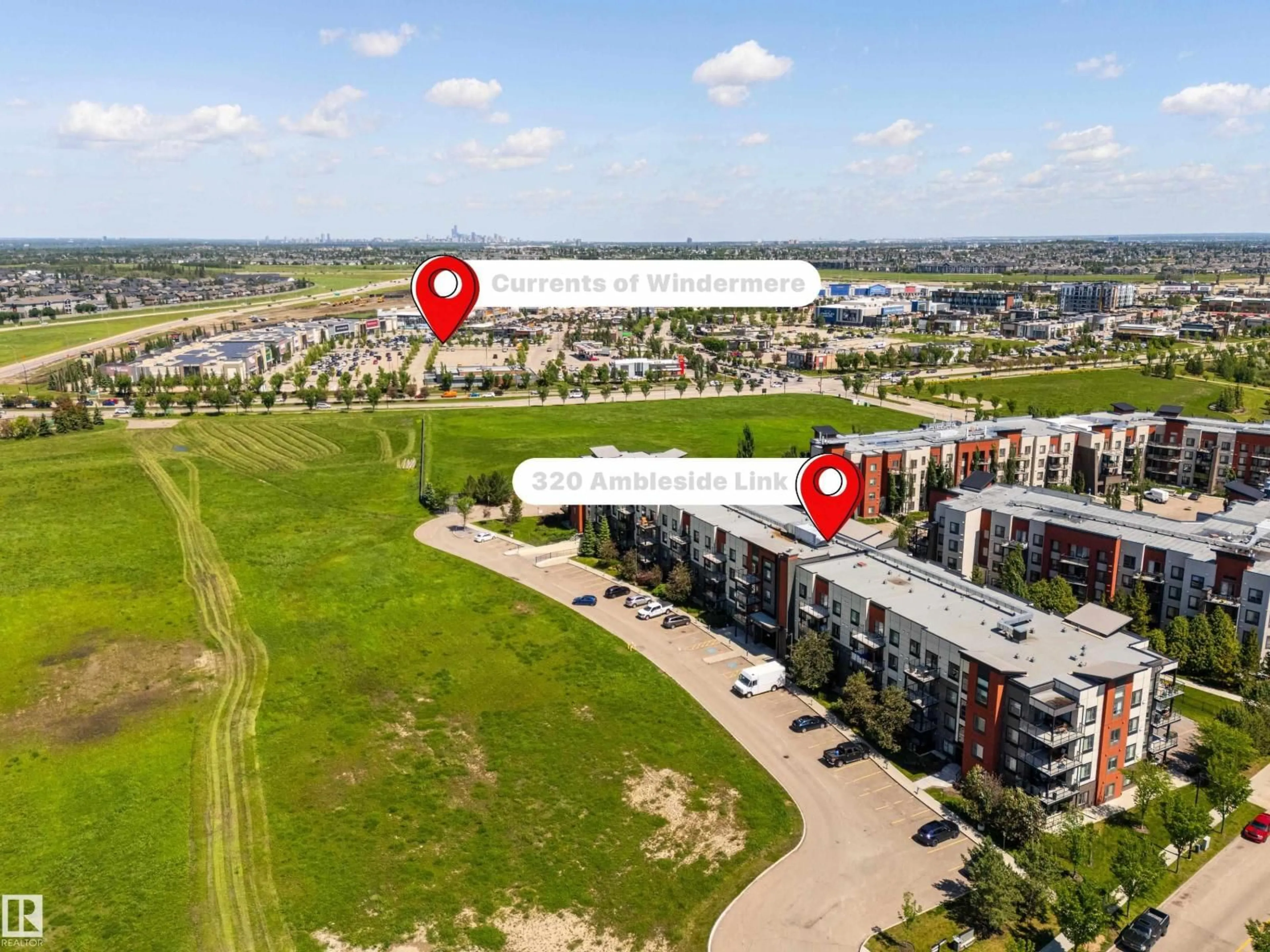 A pic from outside/outdoor area/front of a property/back of a property/a pic from drone, city buildings view from balcony for 320 - 323 AMBLESIDE LINK LI, Edmonton Alberta T6W2Z9