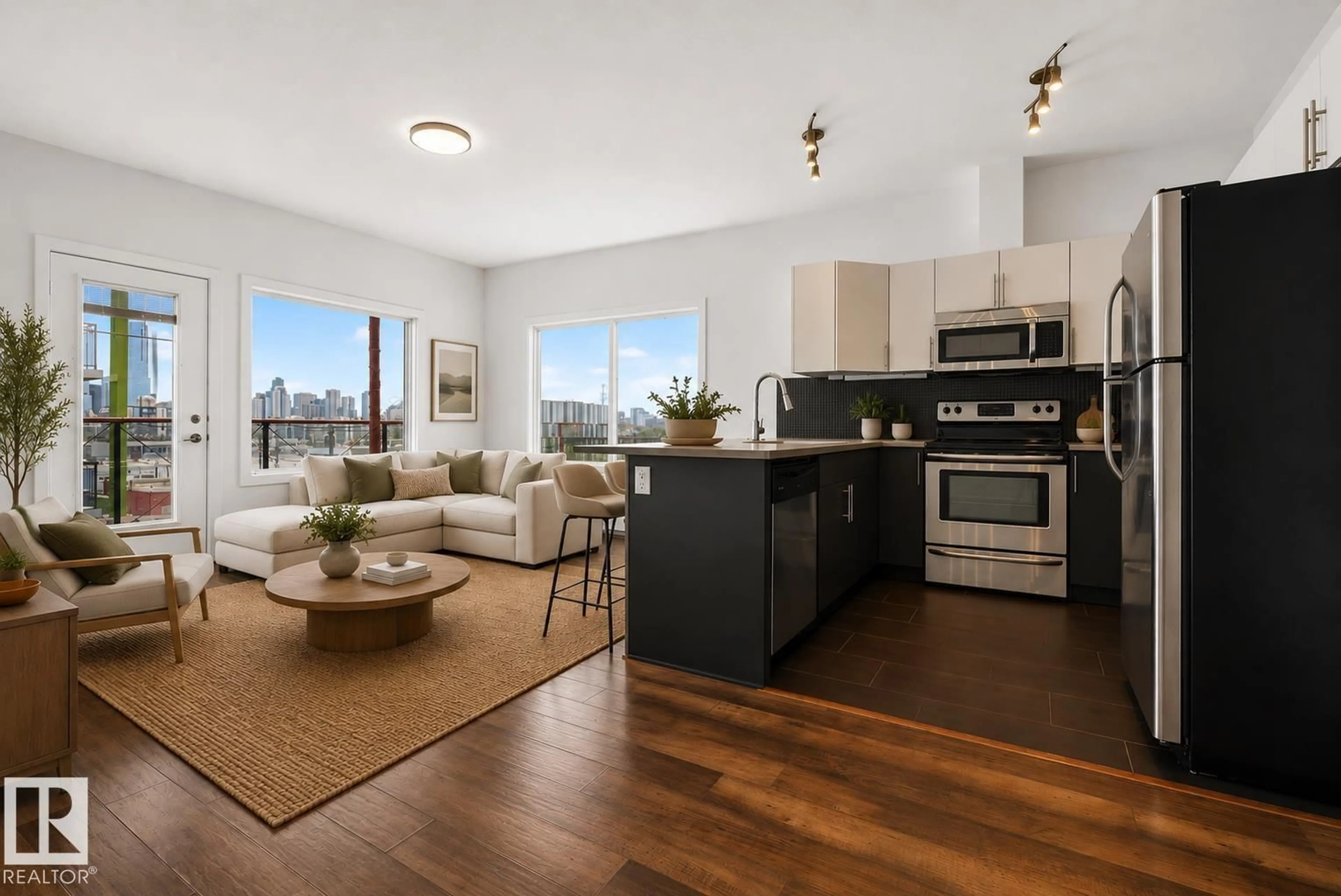 Open concept kitchen, wood/laminate floor for #413 - 10611 117 ST, Edmonton Alberta T5H0G6