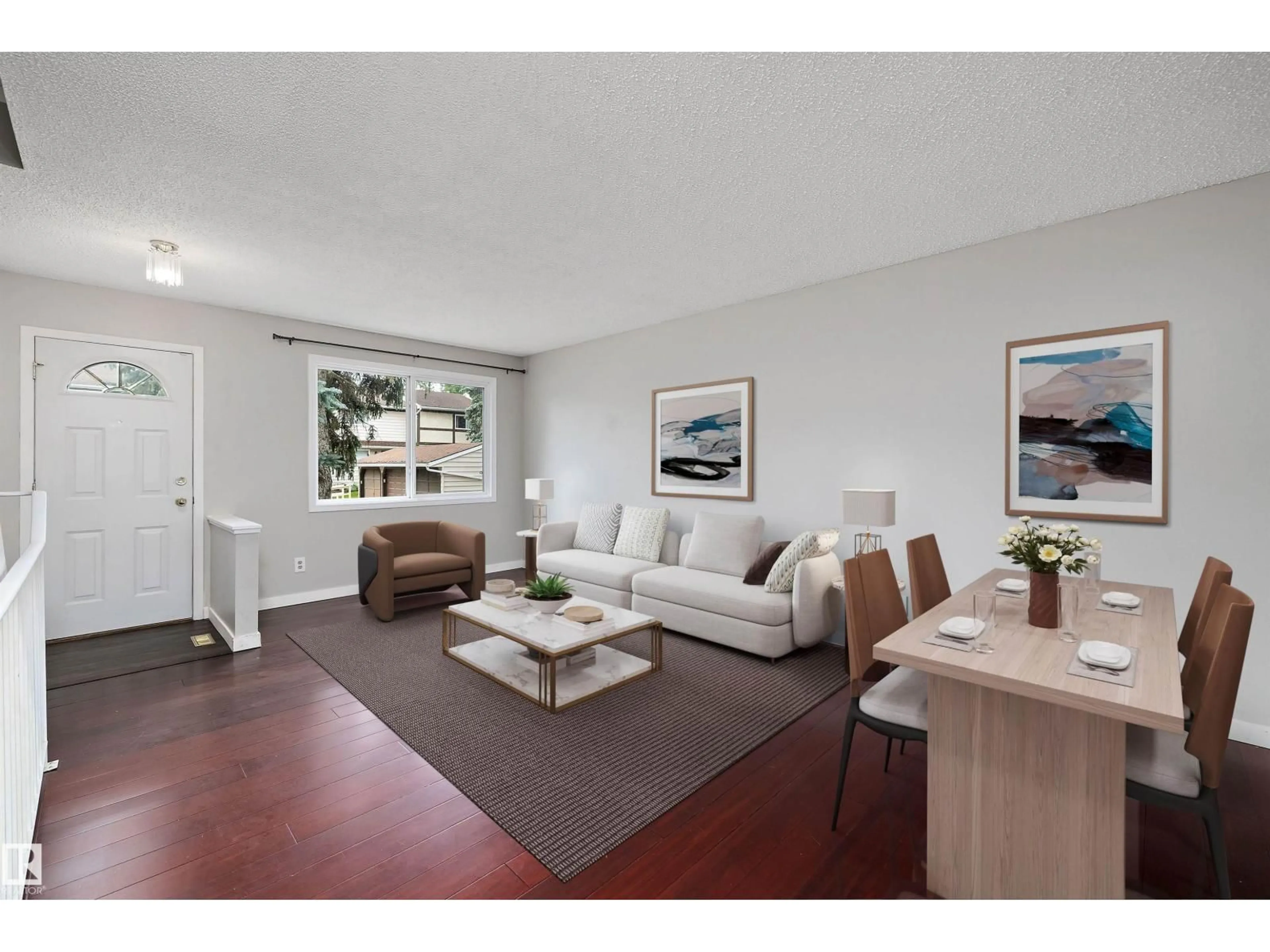 Living room with furniture, wood/laminate floor for 112 TUDOR LN, Edmonton Alberta T6J3T5