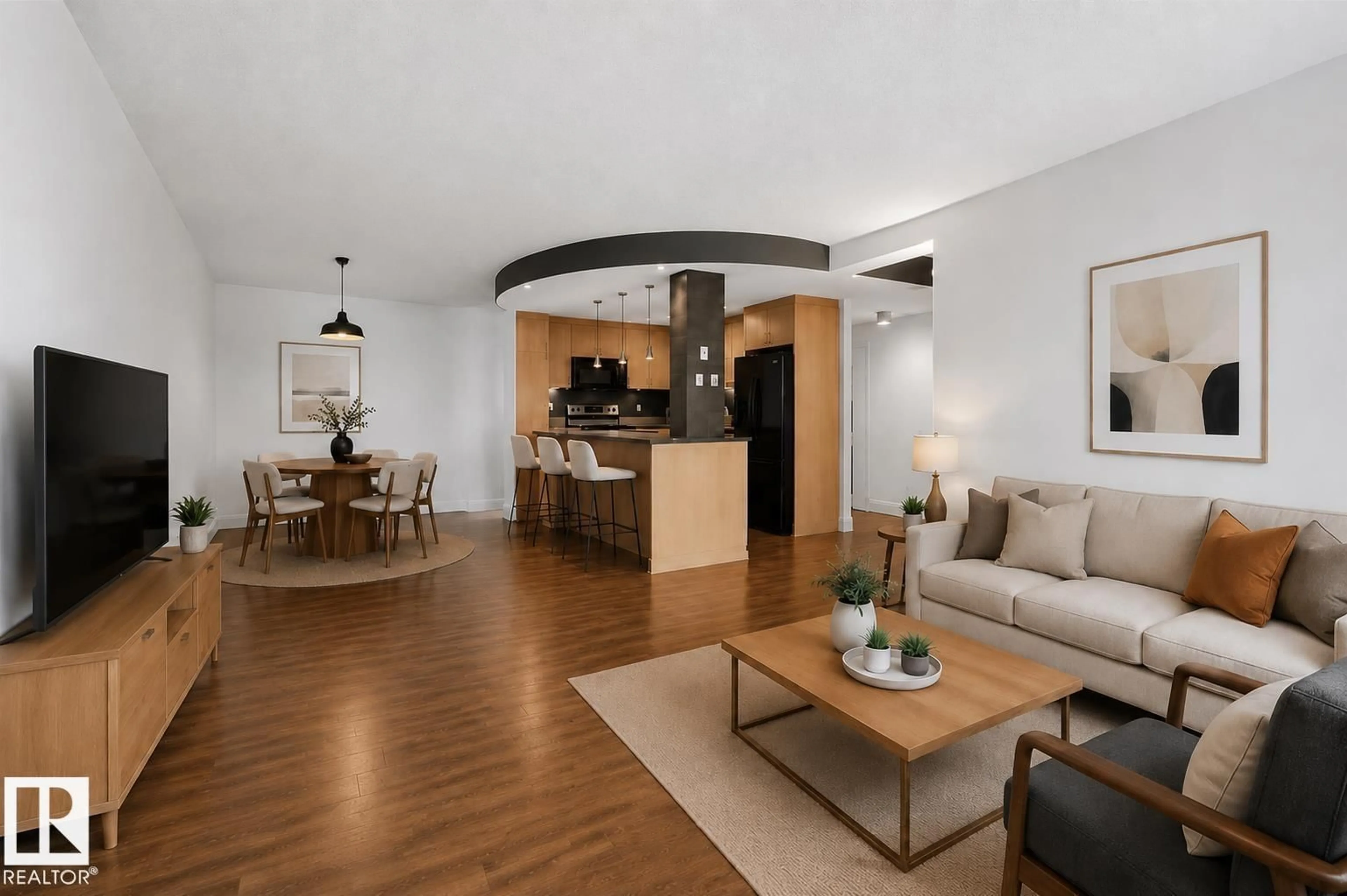 Living room with furniture, wood/laminate floor for 9929 113 ST, Edmonton Alberta T5K2N9