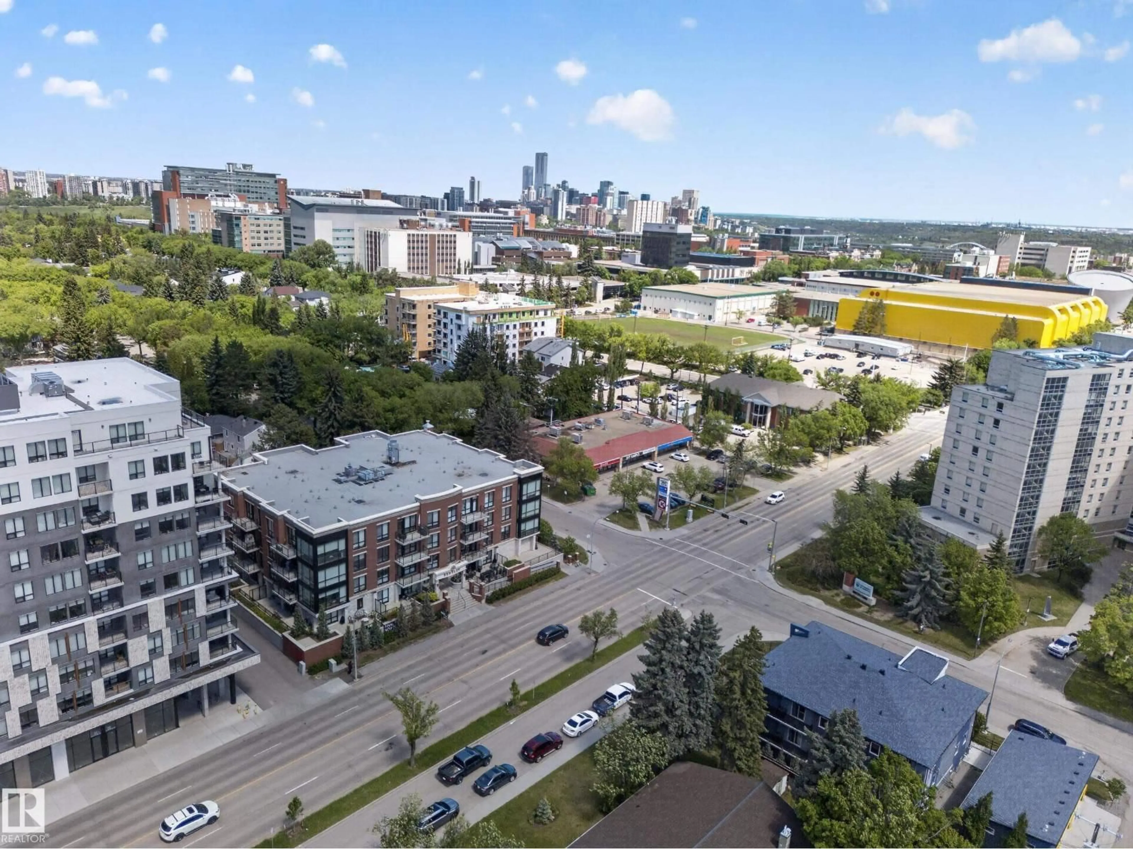A pic from outside/outdoor area/front of a property/back of a property/a pic from drone, city buildings view from balcony for #403 - 11710 87 AV, Edmonton Alberta T6G0Y3