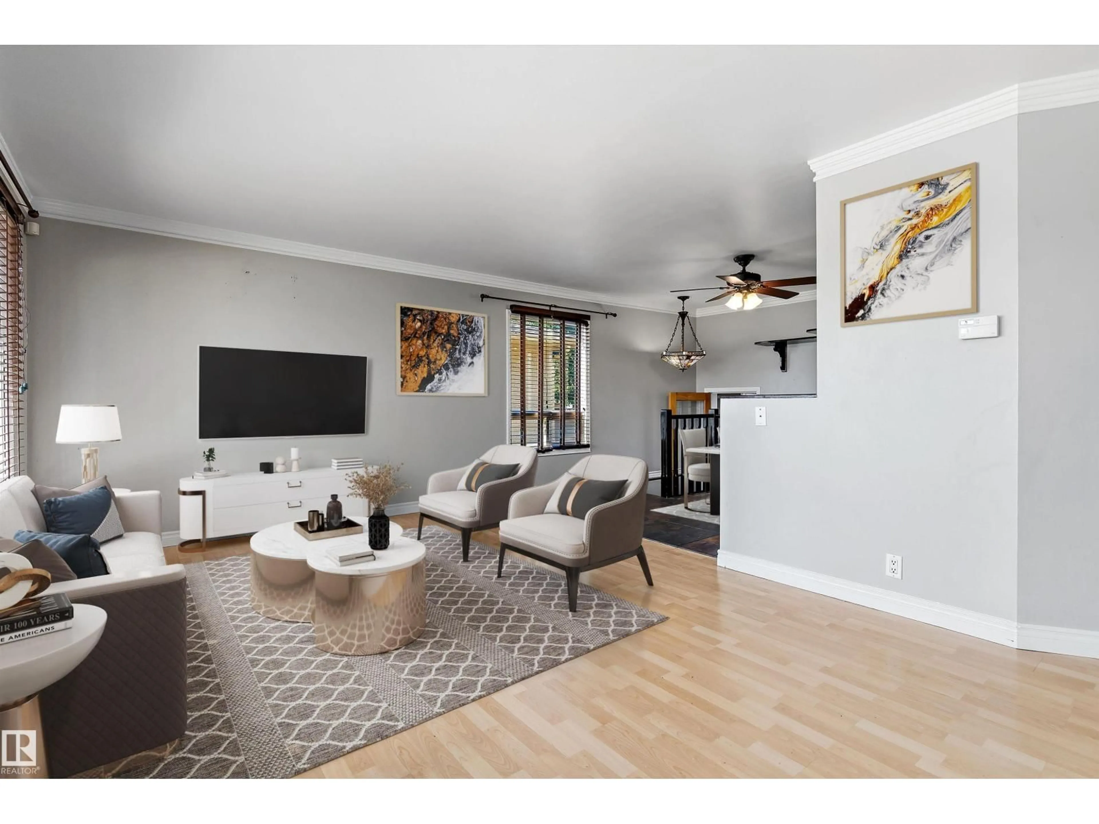 Living room with furniture, wood/laminate floor for NW - 8936 154 ST, Edmonton Alberta T5R1S8