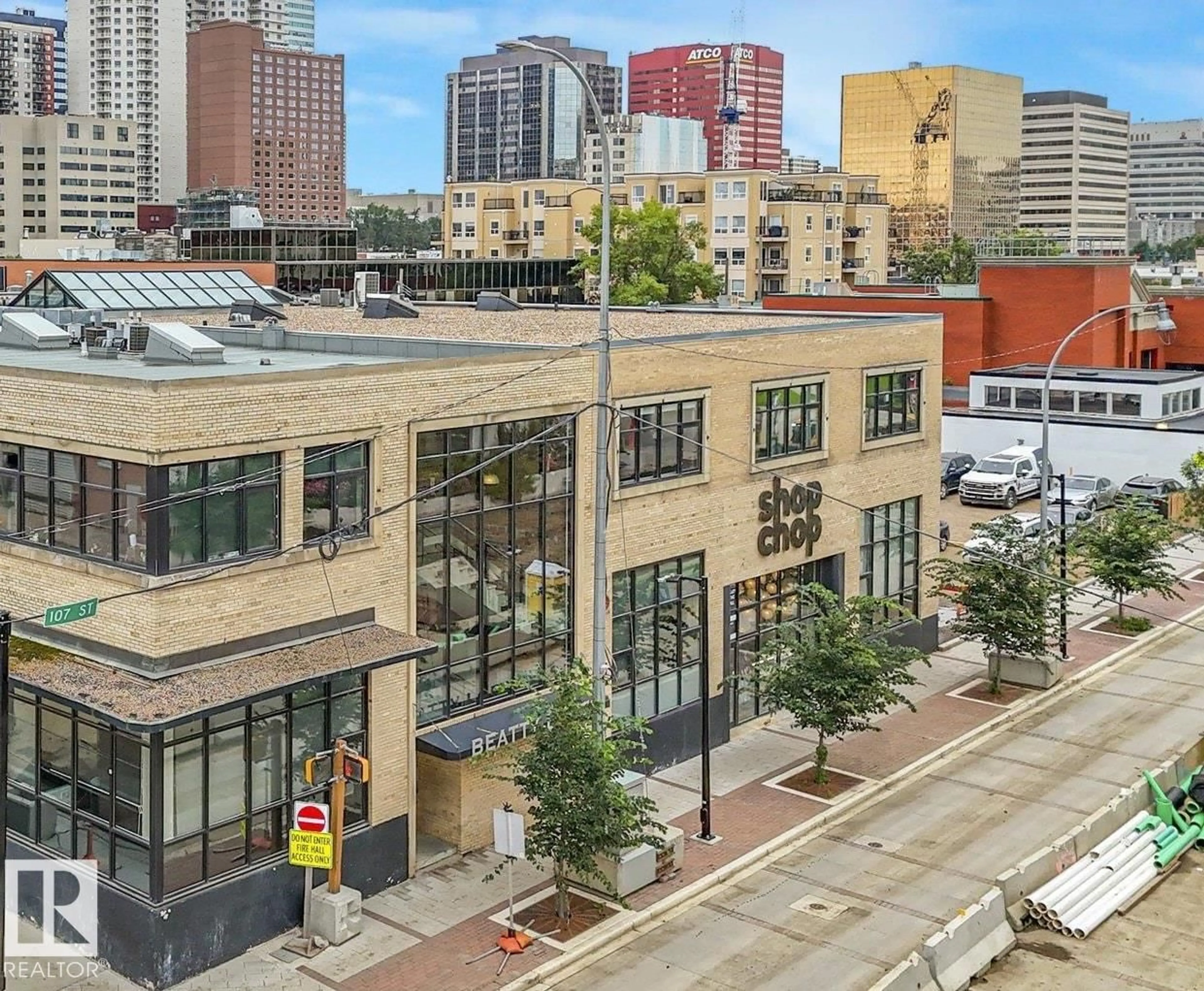 A pic from outside/outdoor area/front of a property/back of a property/a pic from drone, city buildings view from balcony for 206 - 10265 107 ST NW, Edmonton Alberta T5J5G2