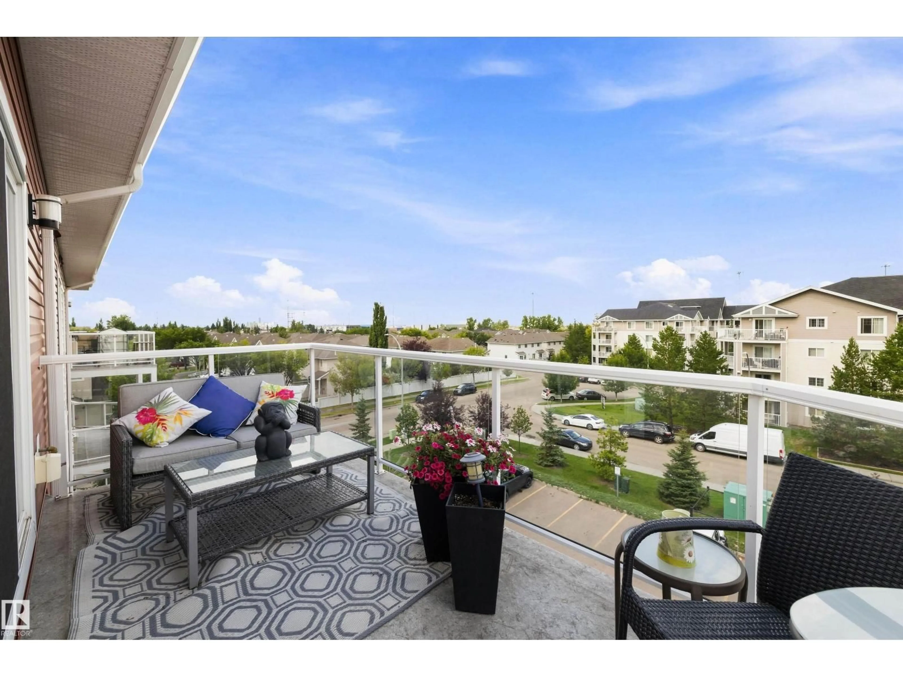 Balcony in the apartment, water/lake/river/ocean view for #402 - 2229 44 AV NW, Edmonton Alberta T6T0W6