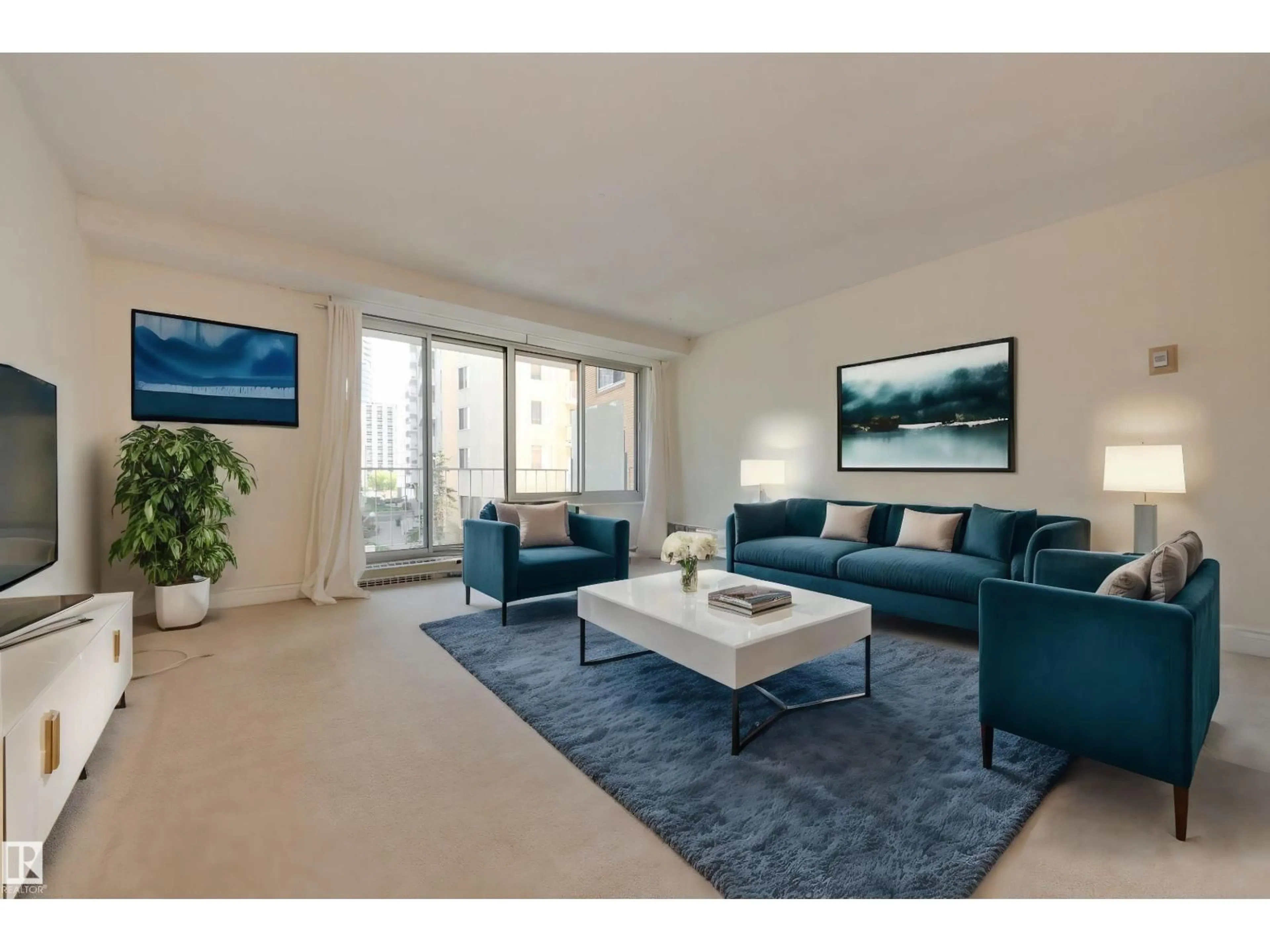 Living room with furniture, carpet floor for #207 - 12207 JASPER AV, Edmonton Alberta T5N3K2