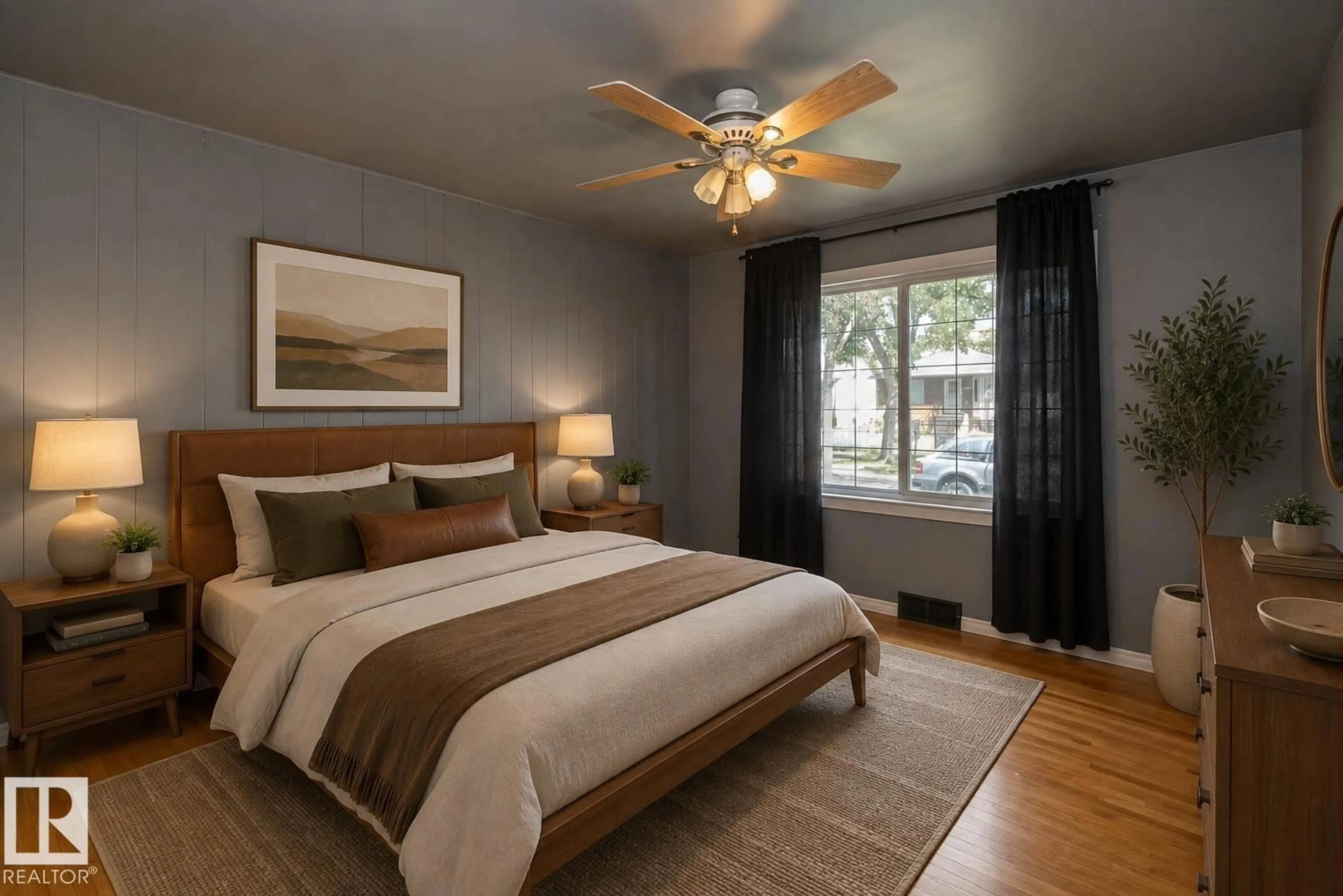 Bedroom with bed, wood/laminate floor for 12322 94 ST, Edmonton Alberta T5G1K3