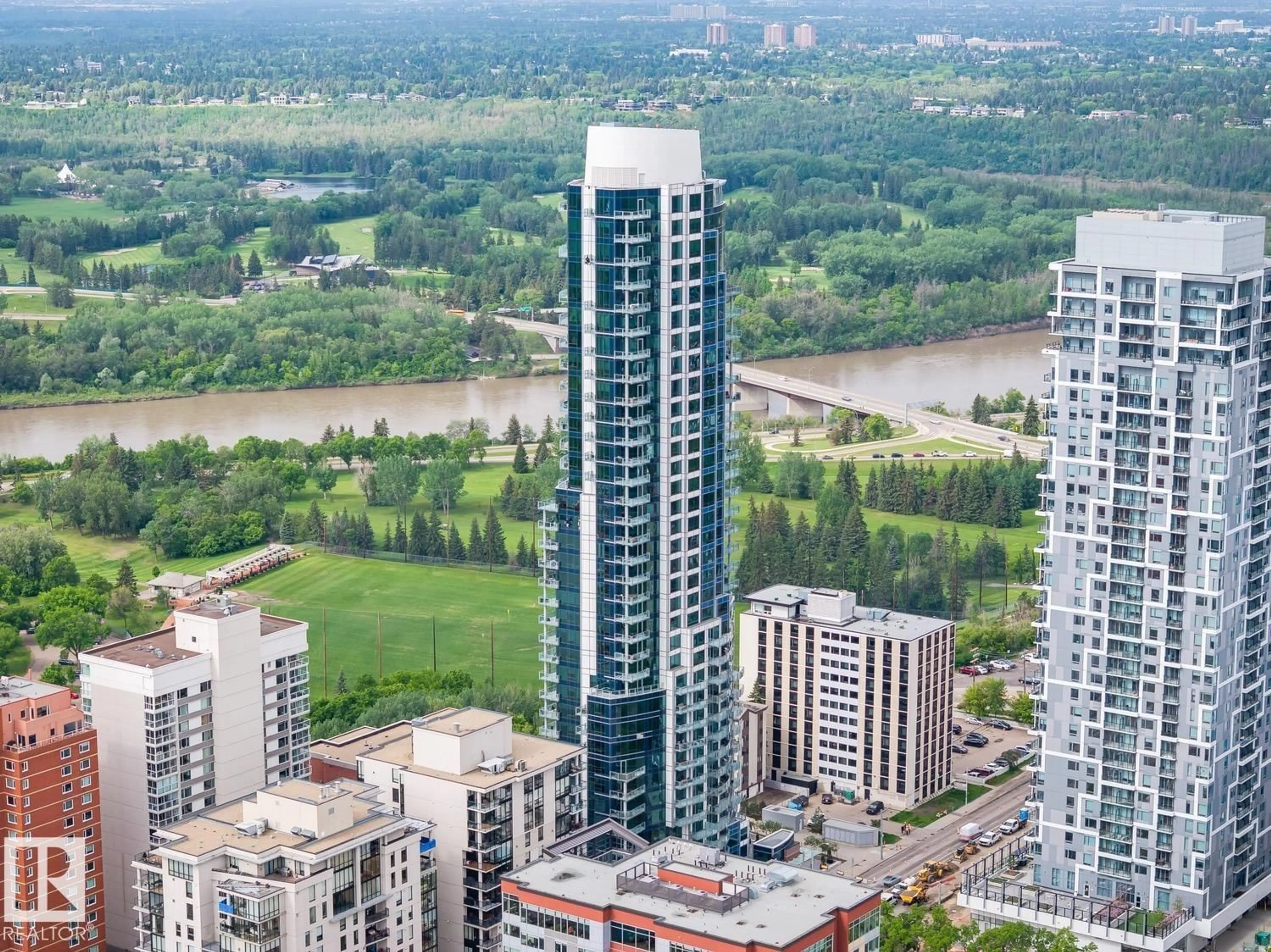 A pic from outside/outdoor area/front of a property/back of a property/a pic from drone, city buildings view from balcony for 1201 JASPER AV NW, Edmonton Alberta T5K0P1