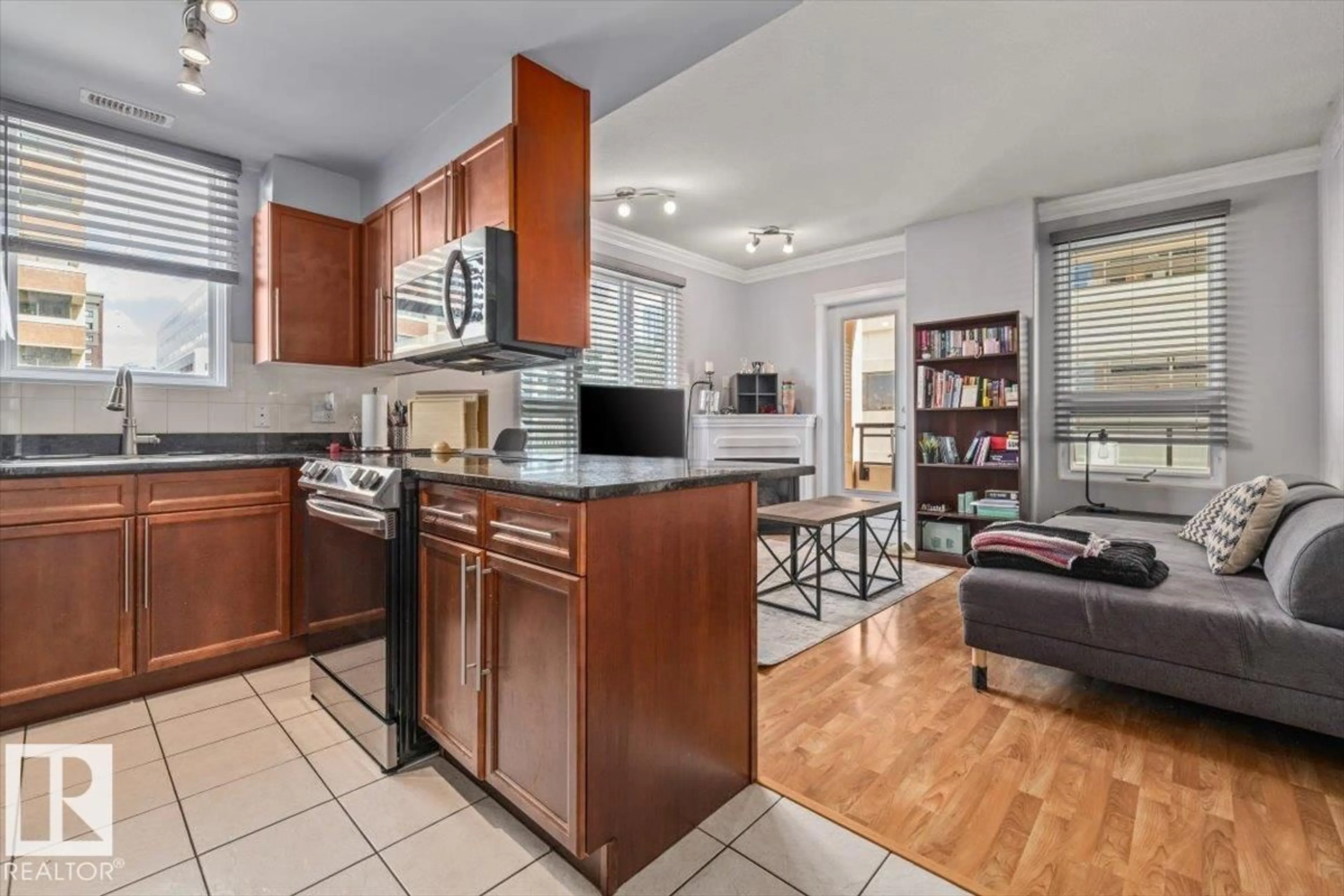 Open concept kitchen, ceramic/tile floor for 704 - 9939 109 STREET, Edmonton Alberta T5K1H6