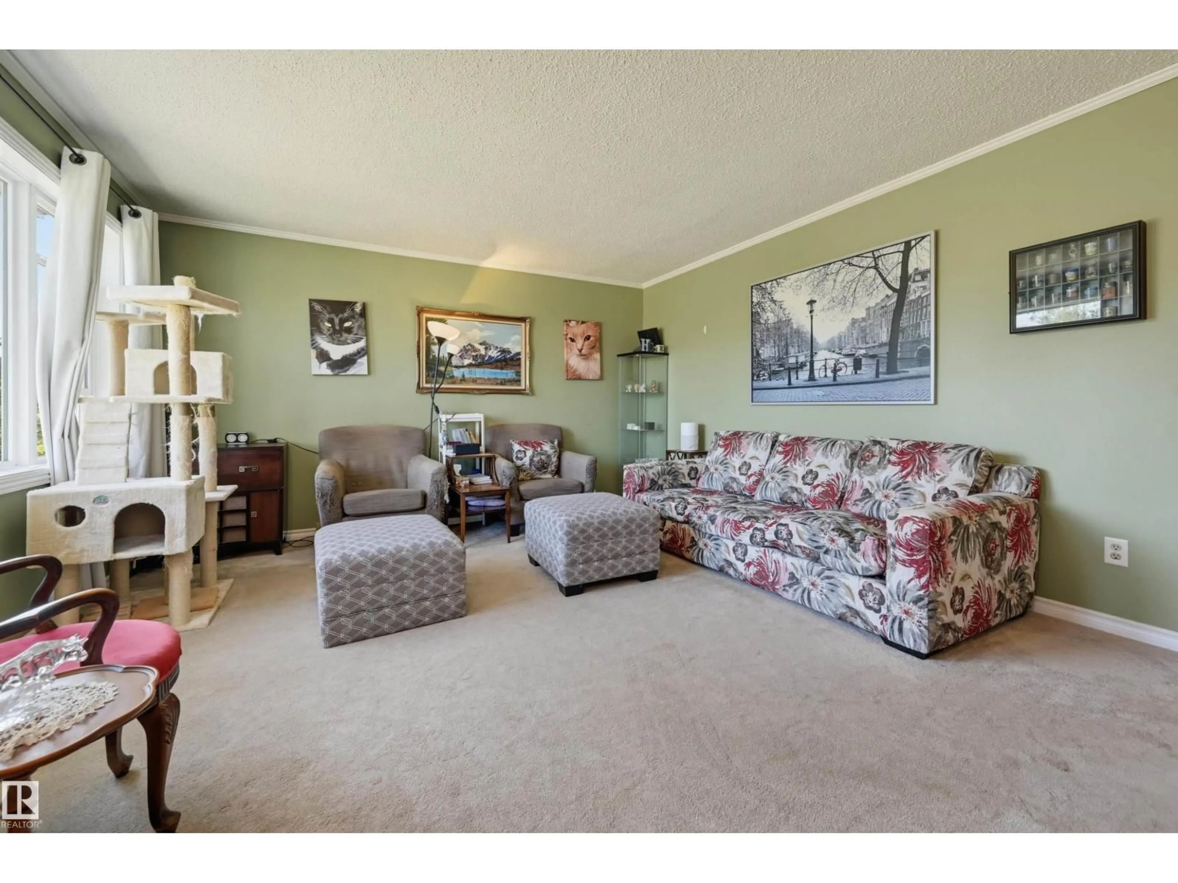 Living room with furniture, carpet floor for NW - 16112 108 AV, Edmonton Alberta T5P4E4