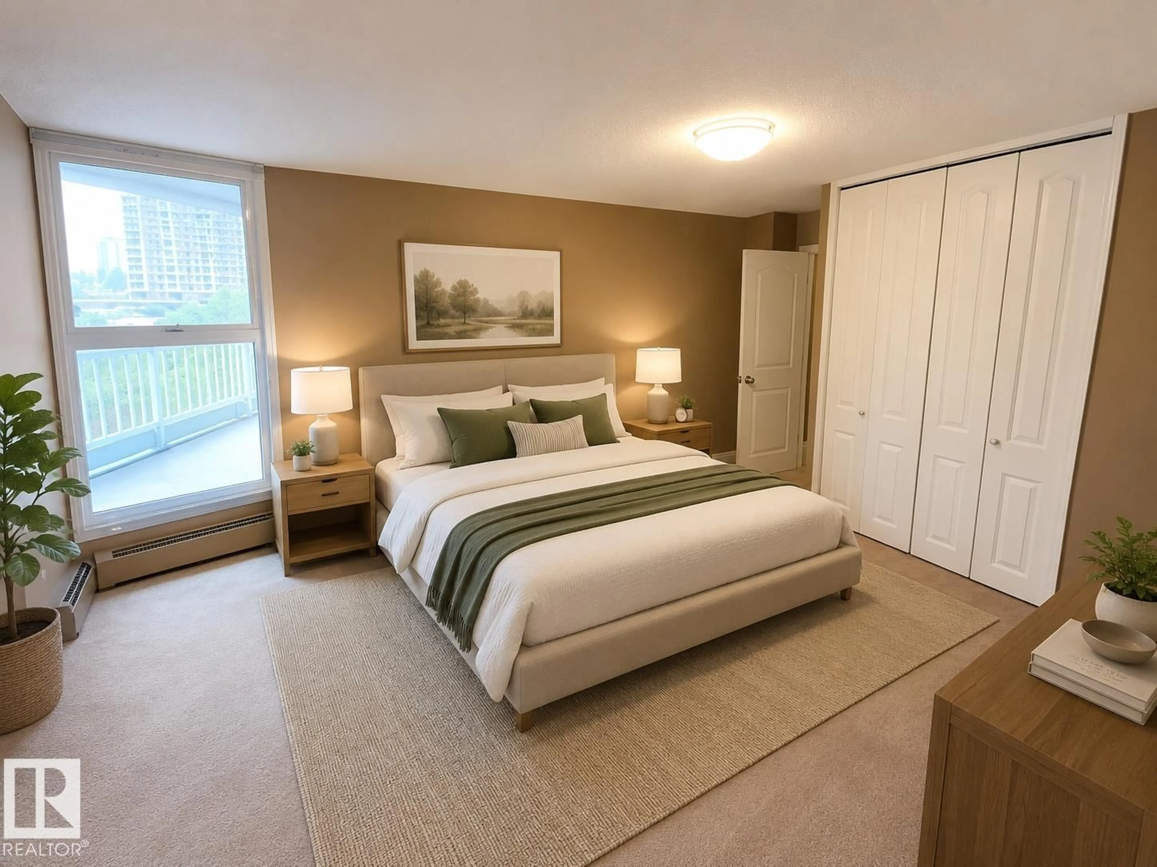 Bedroom with bed, carpet floor for #704 - 10045 117 ST, Edmonton Alberta T5K1W8