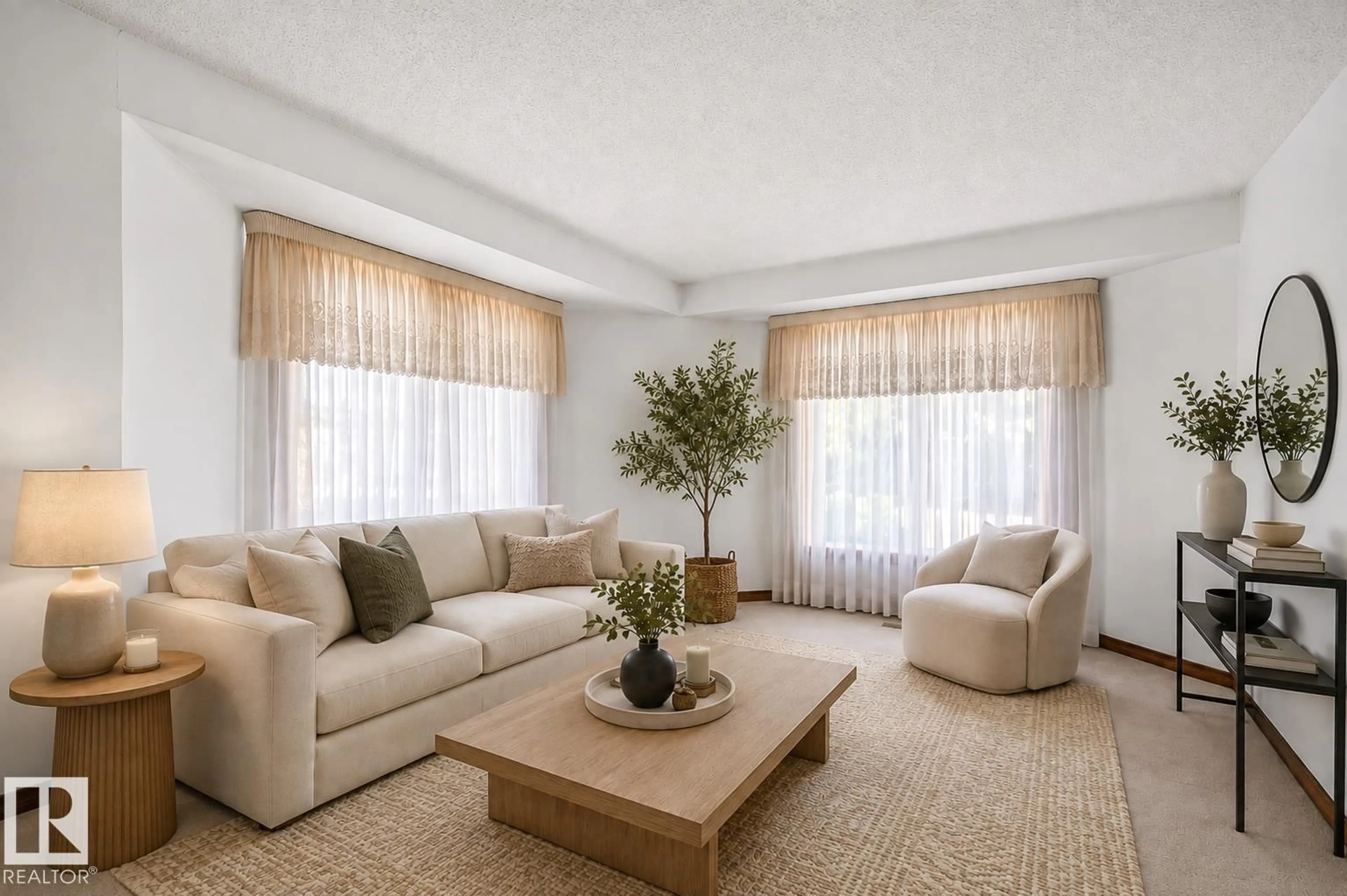 Living room with furniture, carpet floor for NW - 5814 181 ST, Edmonton Alberta T6M1V7