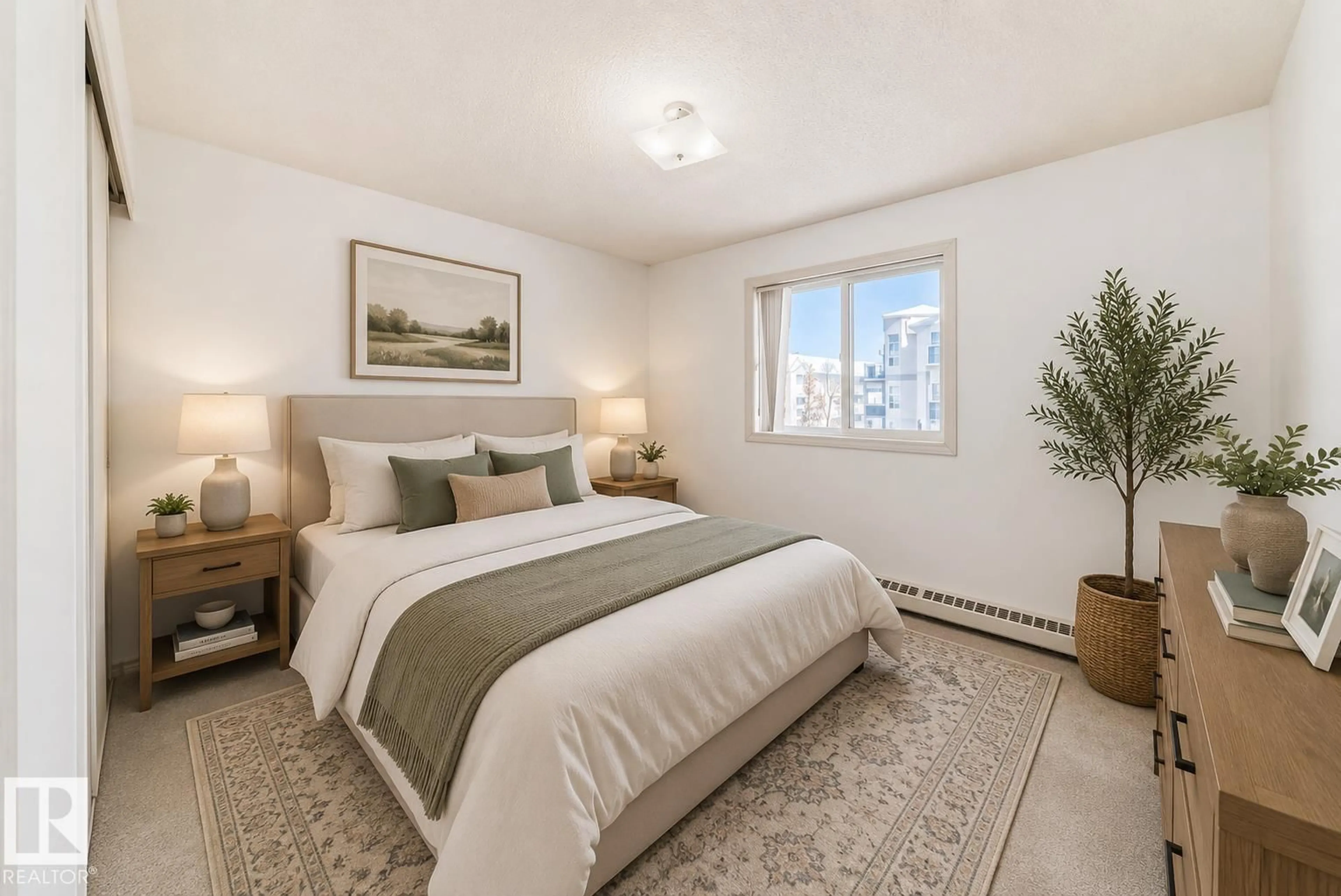 Bedroom with bed, carpet floor for #320 - 9620 174 ST, Edmonton Alberta T5T6B9