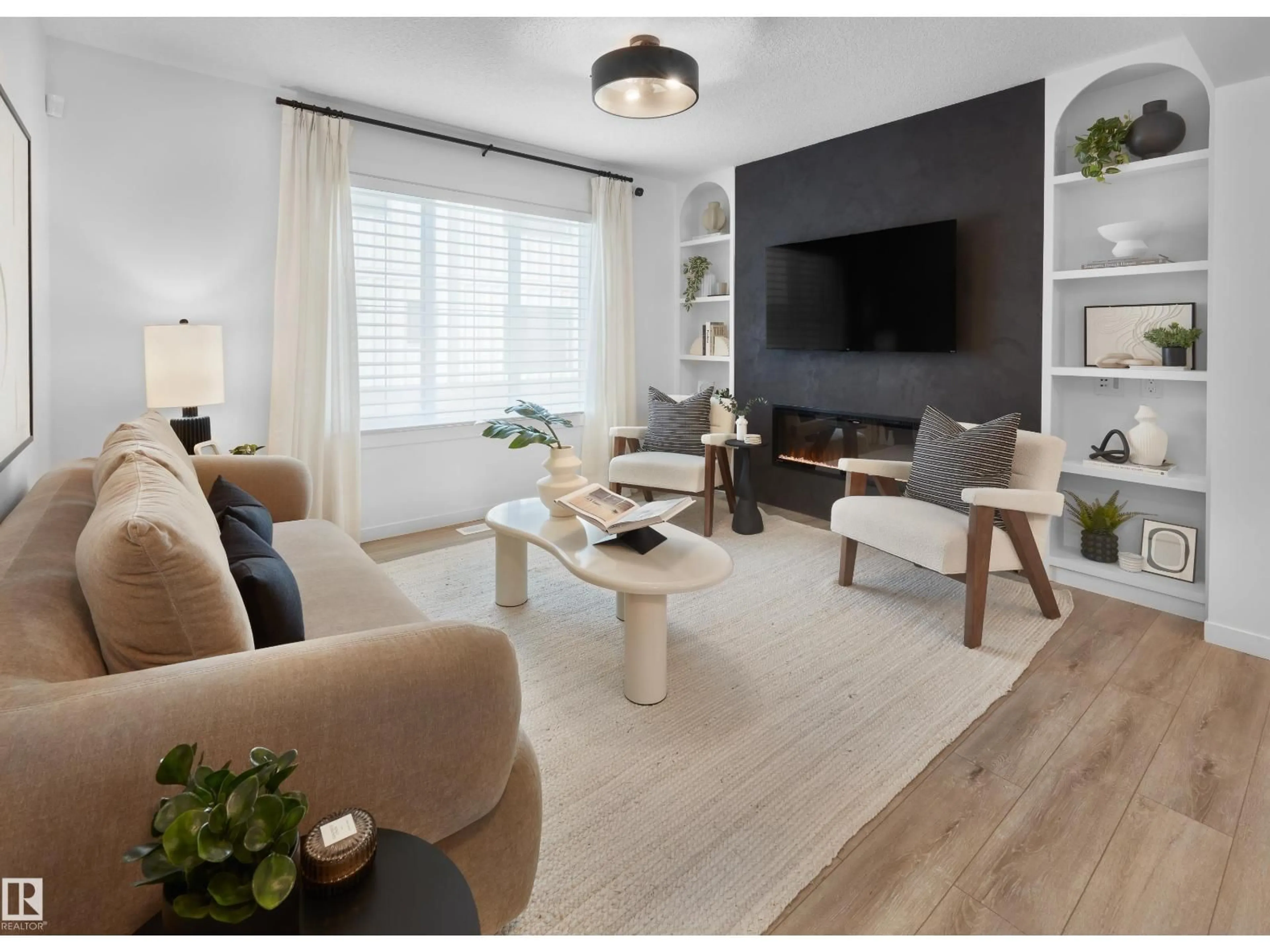 Living room with furniture, wood/laminate floor for #4 - 150 CASHMAN CR, Edmonton Alberta T6W1E9