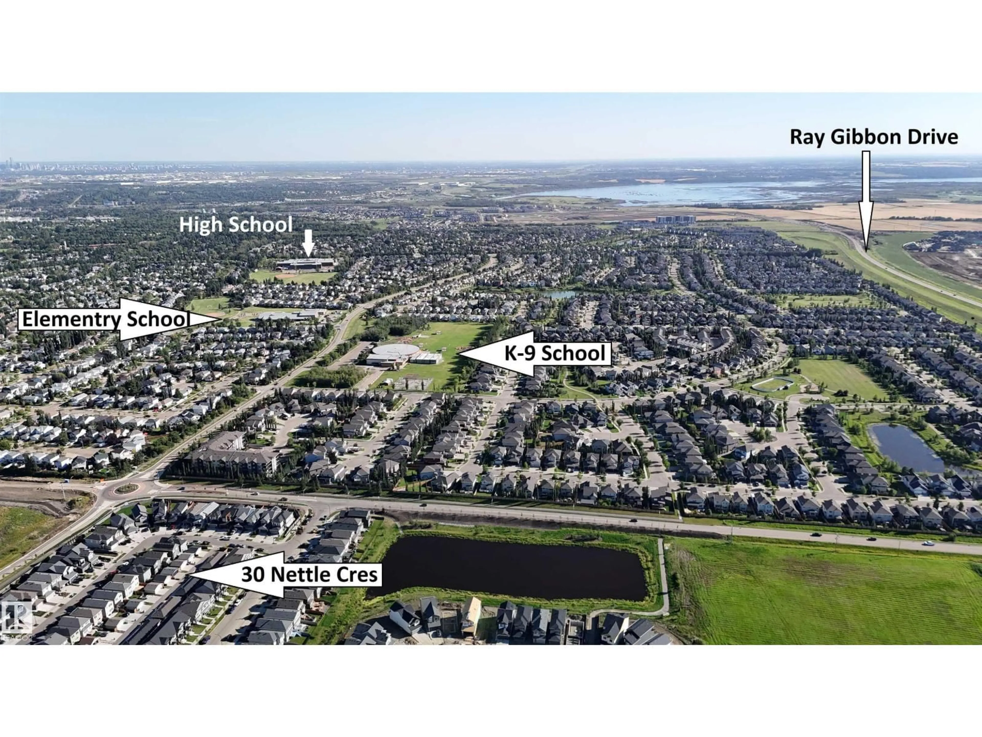 A pic from outside/outdoor area/front of a property/back of a property/a pic from drone, water/lake/river/ocean view for 30 NETTLE CR, St. Albert Alberta T8N7Z8