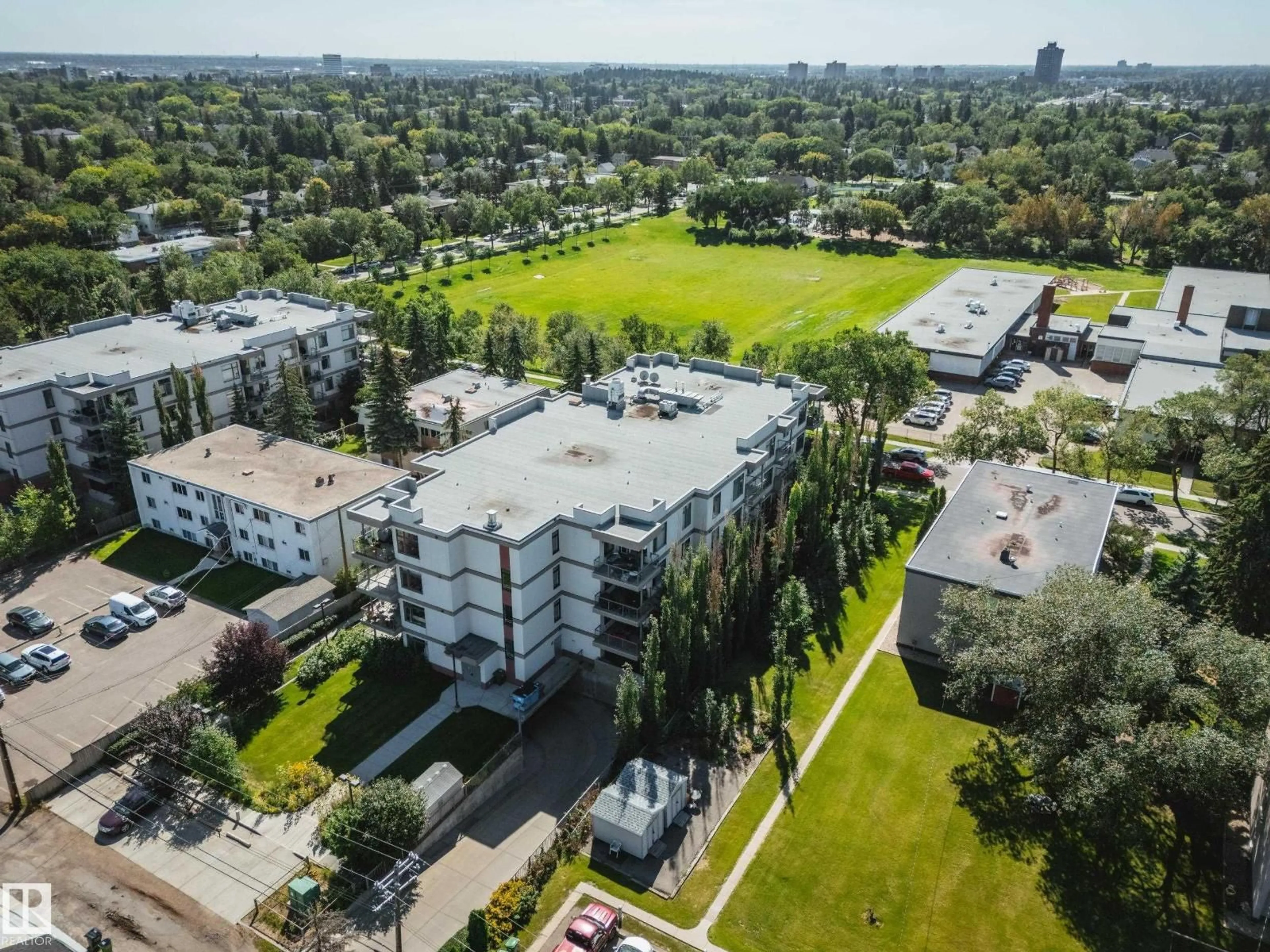 A pic from outside/outdoor area/front of a property/back of a property/a pic from drone, city buildings view from balcony for 105 - 11140 68 AV, Edmonton Alberta T6H0L4