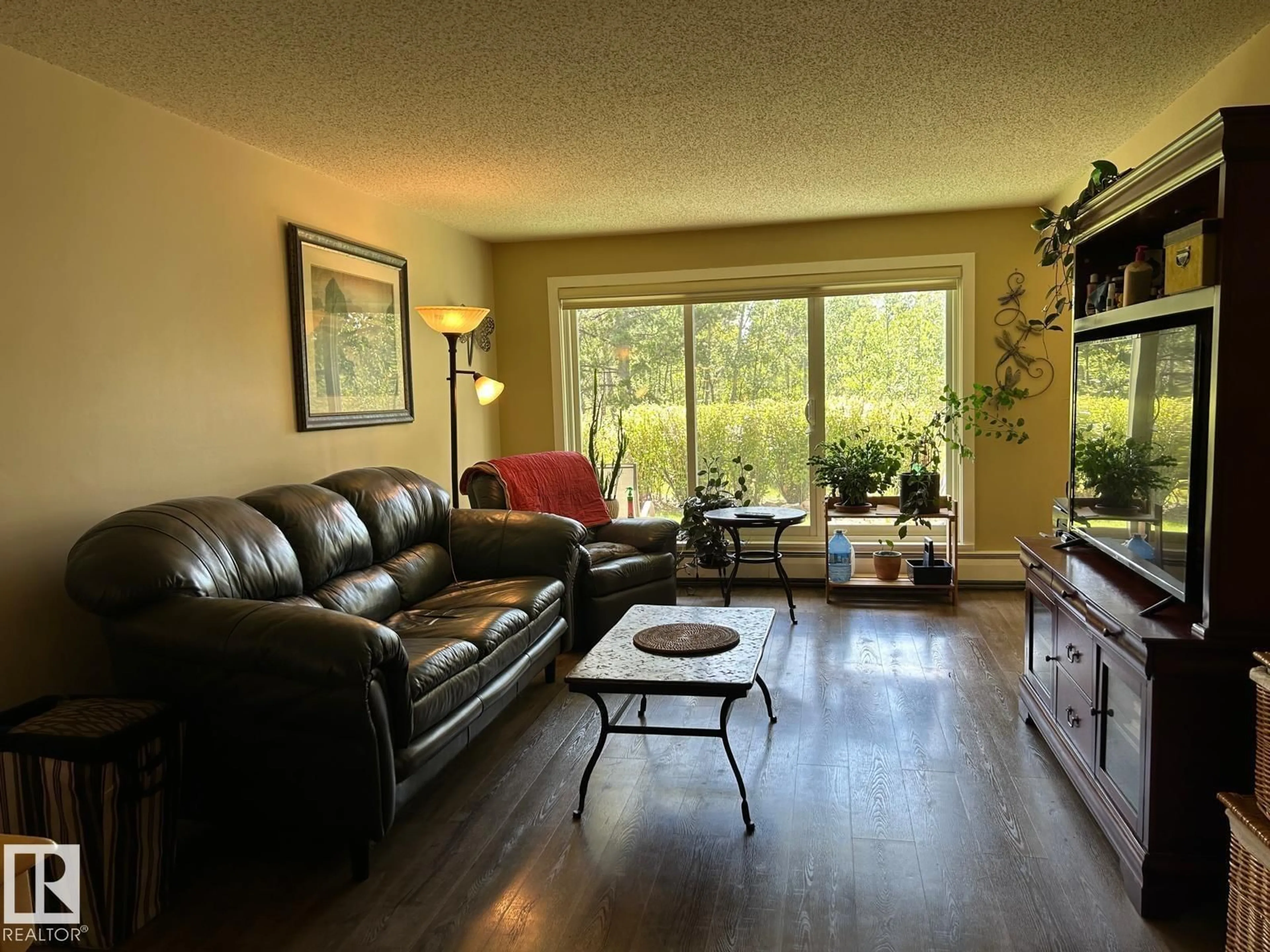 Living room with furniture, wood/laminate floor for #112 - 4404 122 ST, Edmonton Alberta T6J4A9
