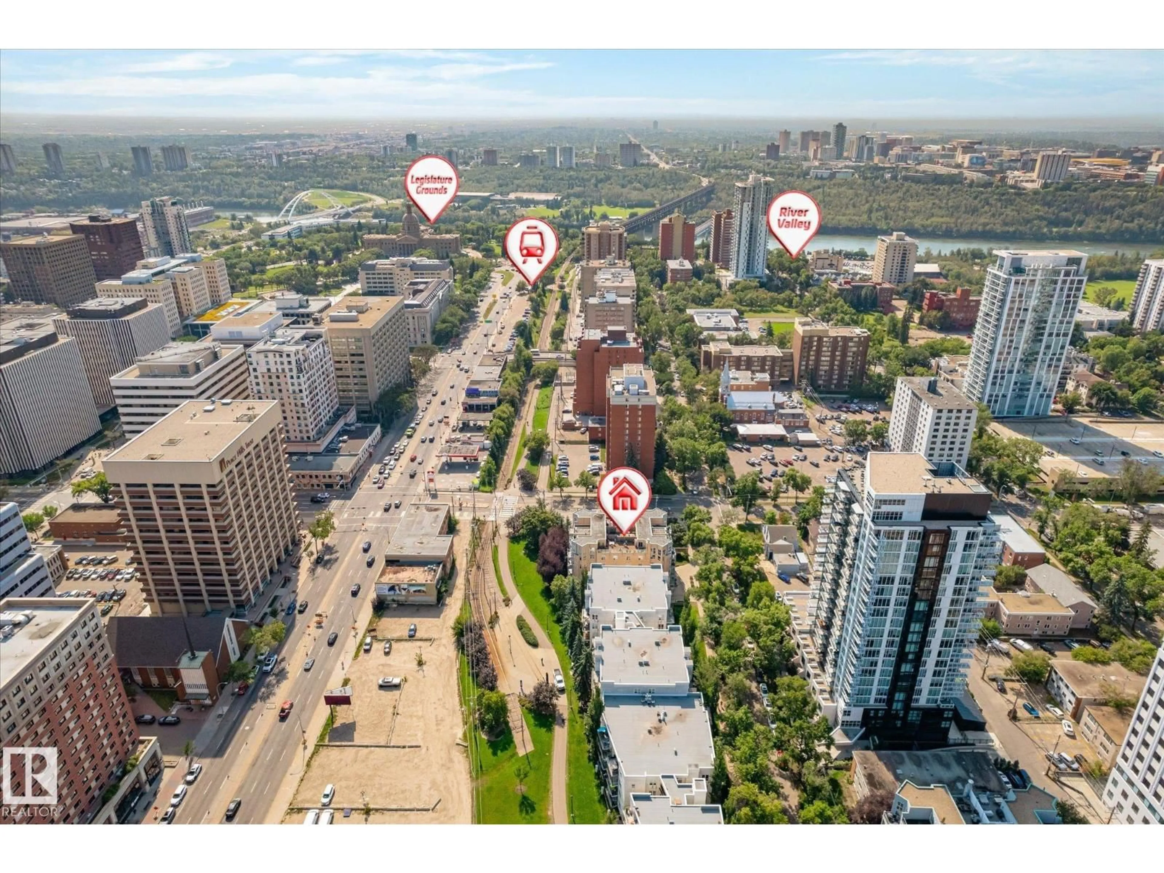 A pic from outside/outdoor area/front of a property/back of a property/a pic from drone, city buildings view from balcony for 403 - 10011 110 ST, Edmonton Alberta T5K2X1