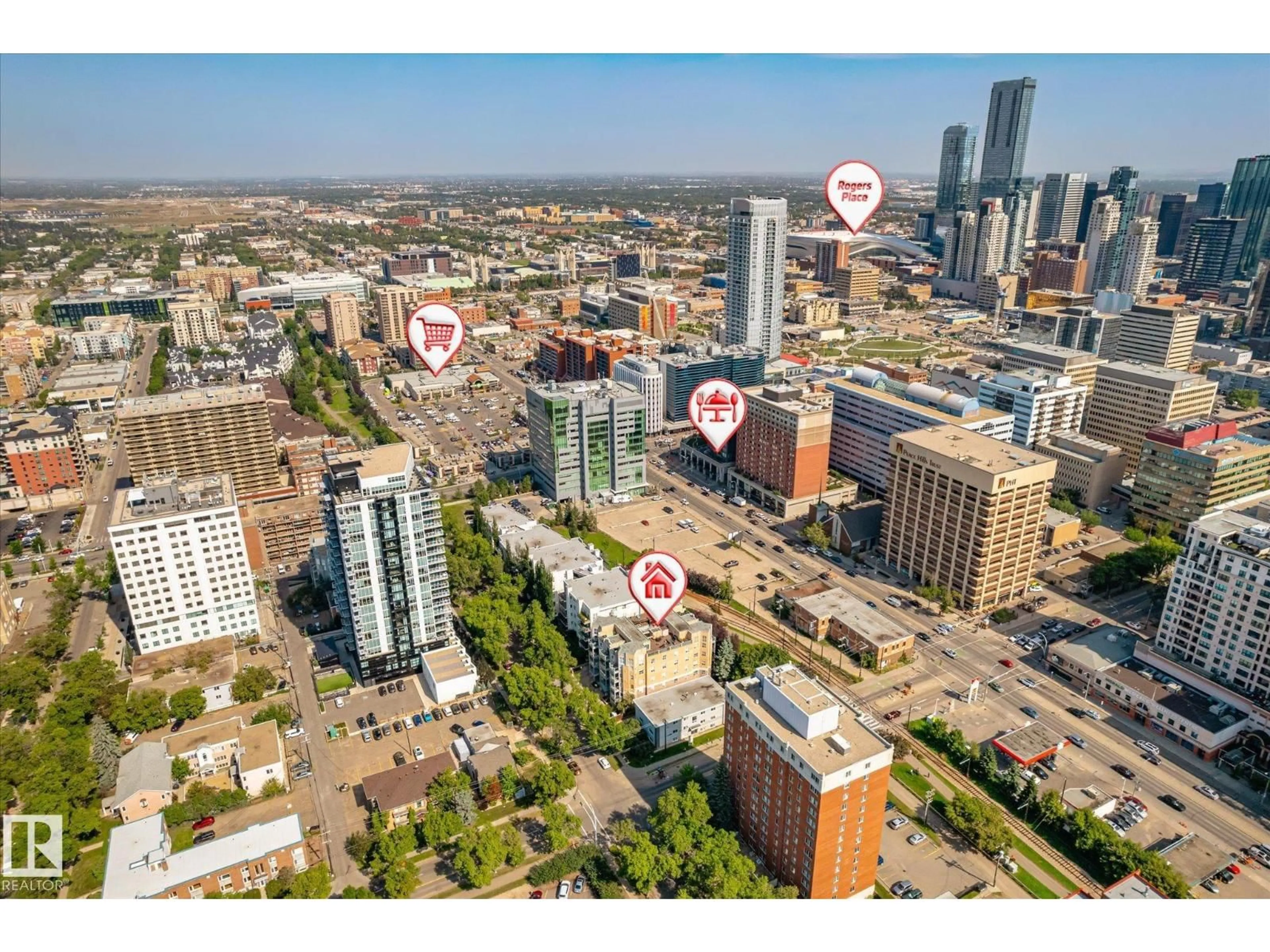 A pic from outside/outdoor area/front of a property/back of a property/a pic from drone, city buildings view from balcony for 403 - 10011 110 ST, Edmonton Alberta T5K2X1