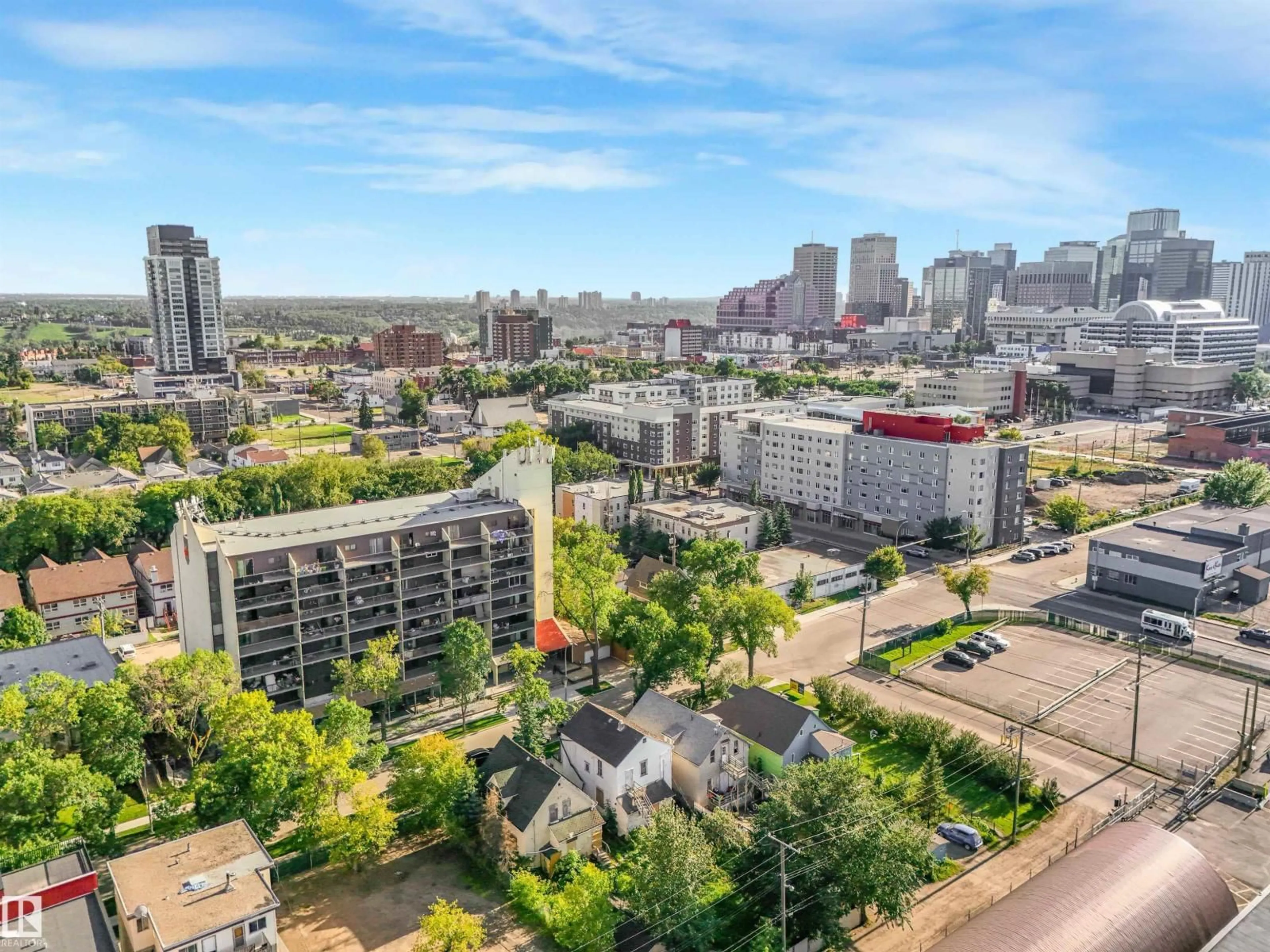 A pic from outside/outdoor area/front of a property/back of a property/a pic from drone, city buildings view from balcony for 9347 105 AV NW, Edmonton Alberta T5H0J7