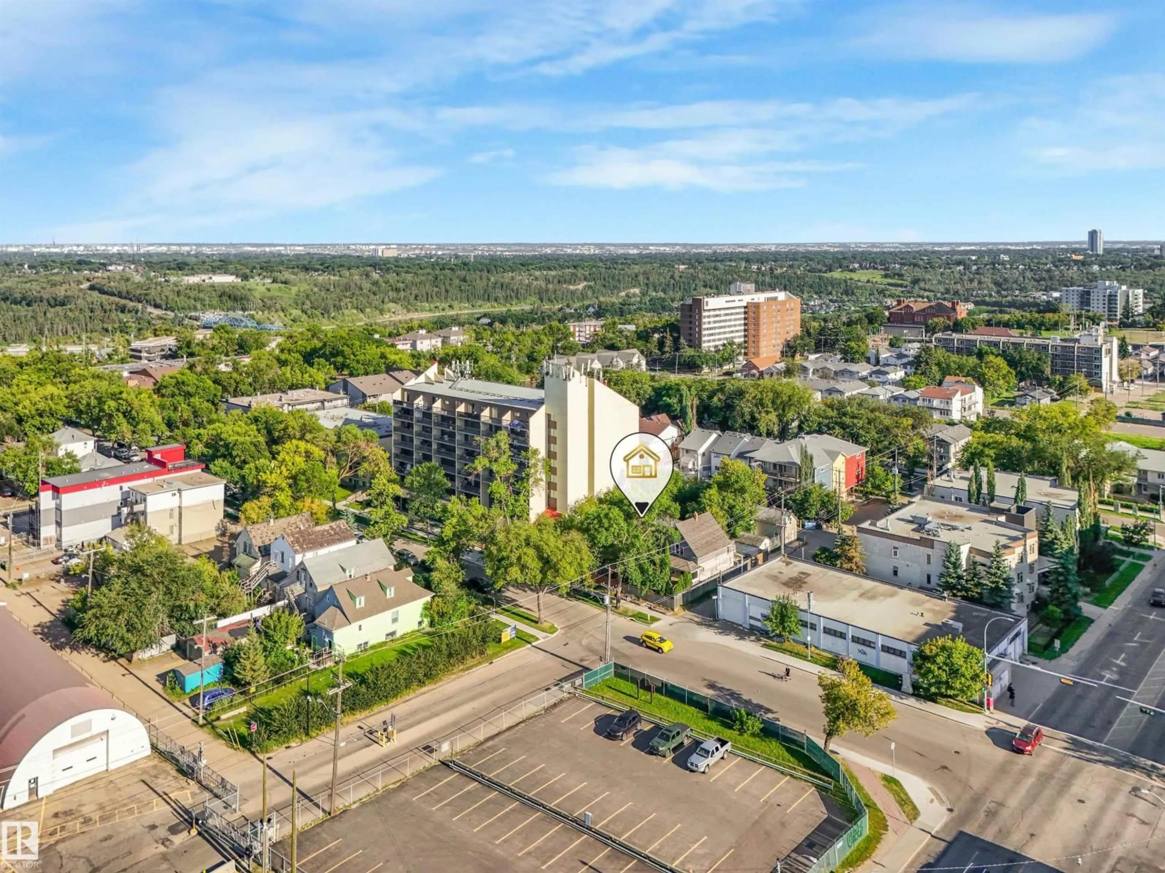 A pic from outside/outdoor area/front of a property/back of a property/a pic from drone, city buildings view from balcony for 9347 105 AV NW, Edmonton Alberta T5H0J7