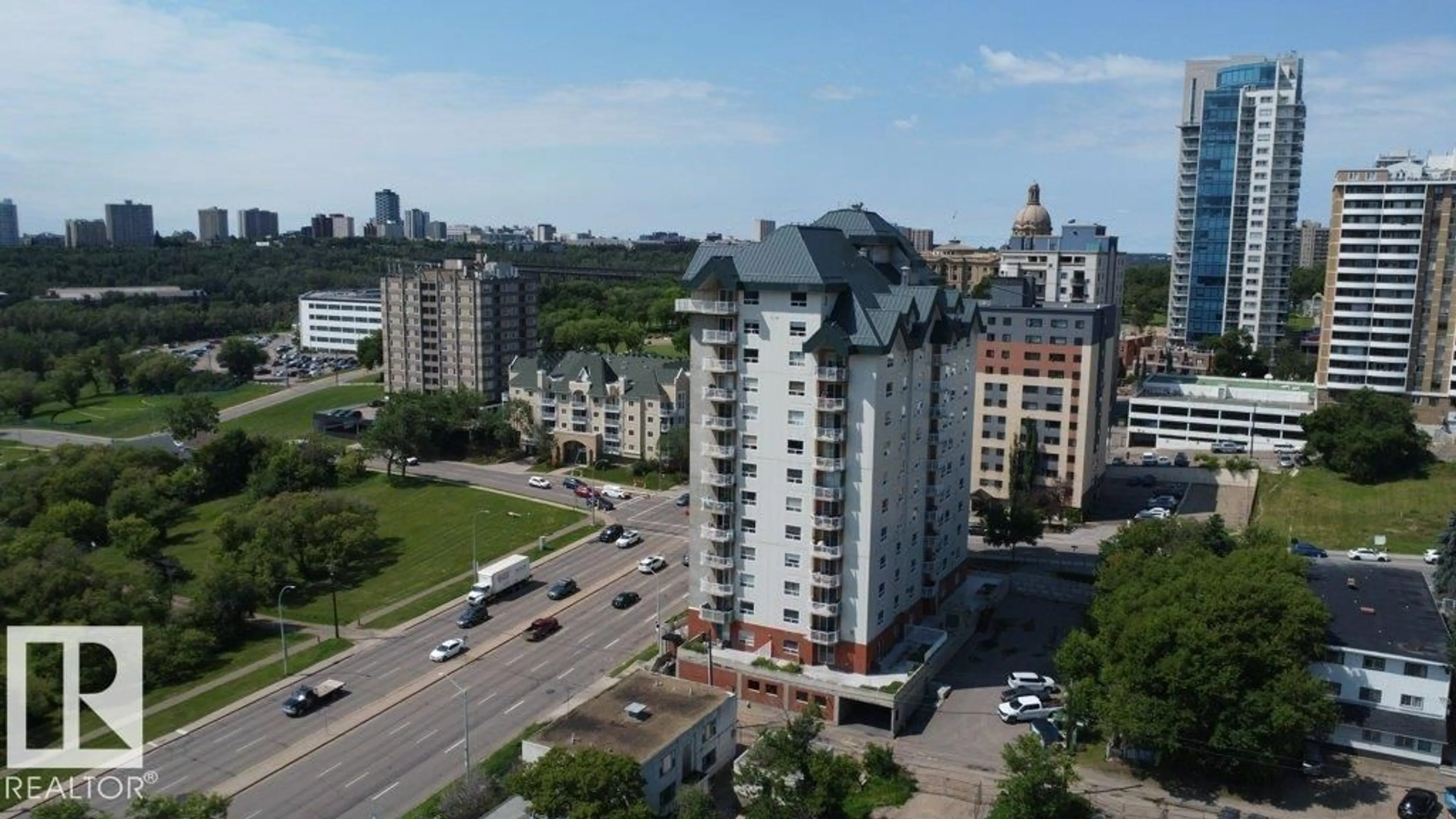 A pic from outside/outdoor area/front of a property/back of a property/a pic from drone, city buildings view from balcony for 505 - 9707 105 ST, Edmonton Alberta T5K2Y4