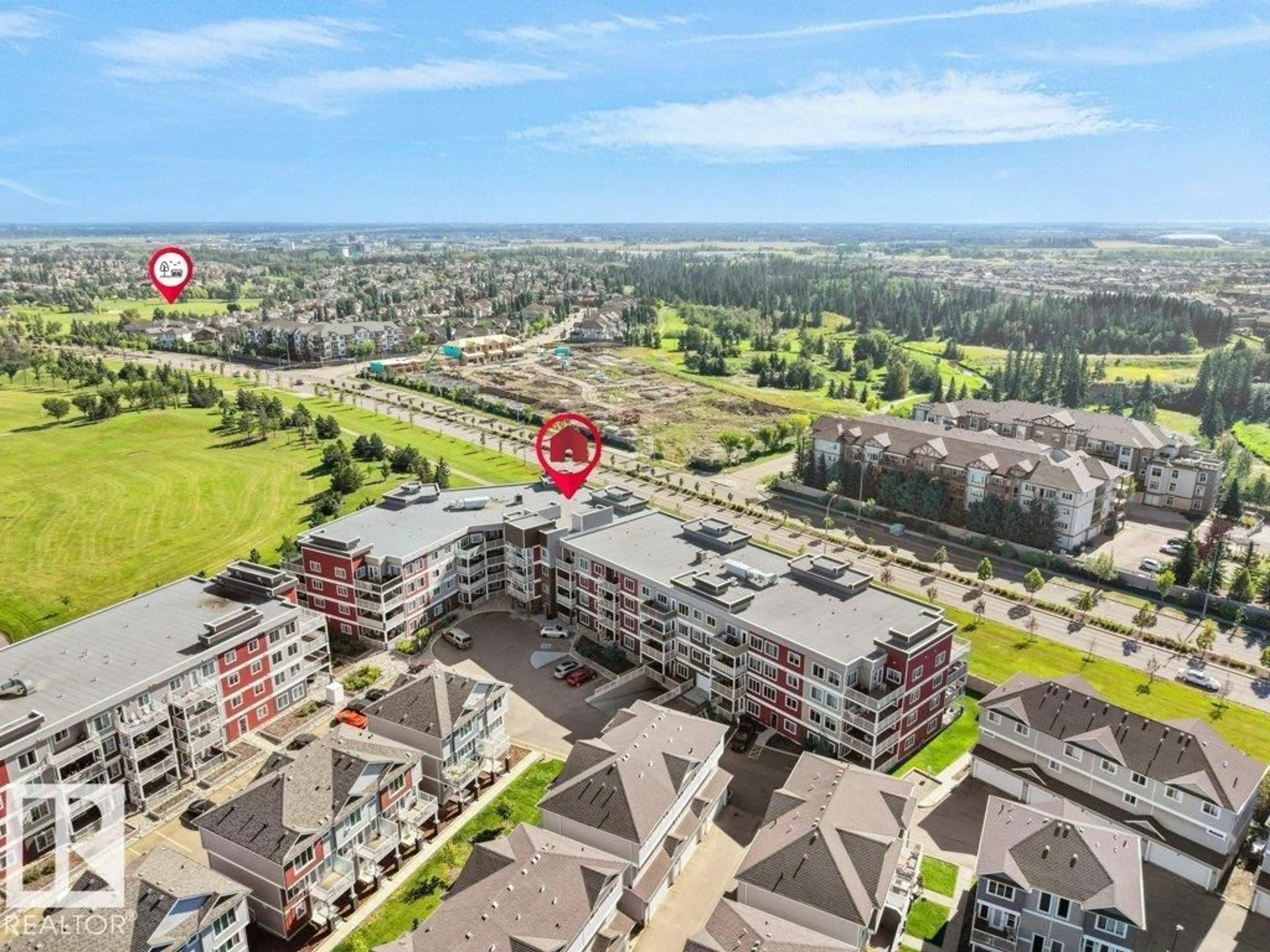 A pic from outside/outdoor area/front of a property/back of a property/a pic from drone, city buildings view from balcony for #151 - 1818 RUTHERFORD RD, Edmonton Alberta T6W2K6