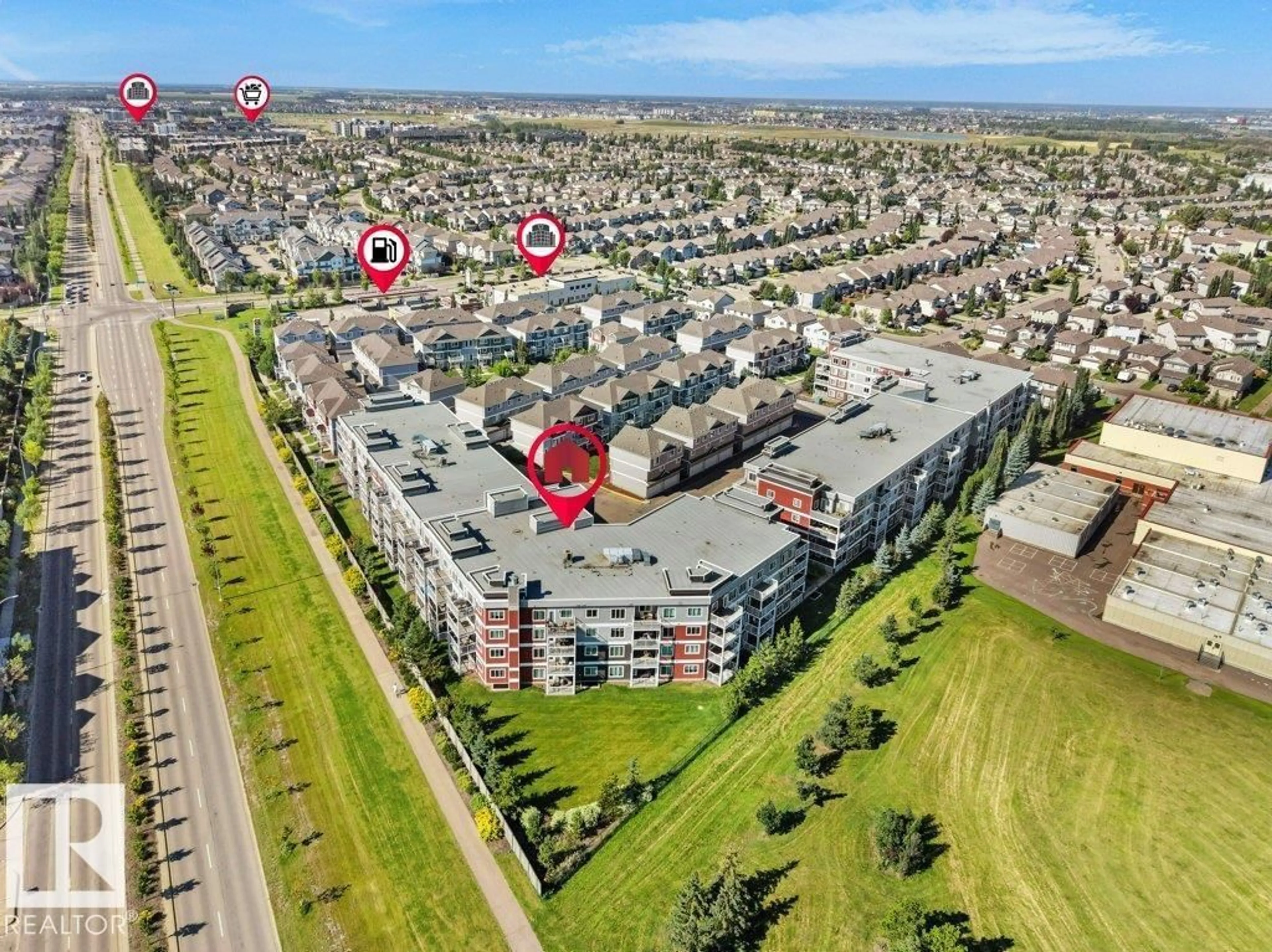 A pic from outside/outdoor area/front of a property/back of a property/a pic from drone, city buildings view from balcony for #151 - 1818 RUTHERFORD RD, Edmonton Alberta T6W2K6
