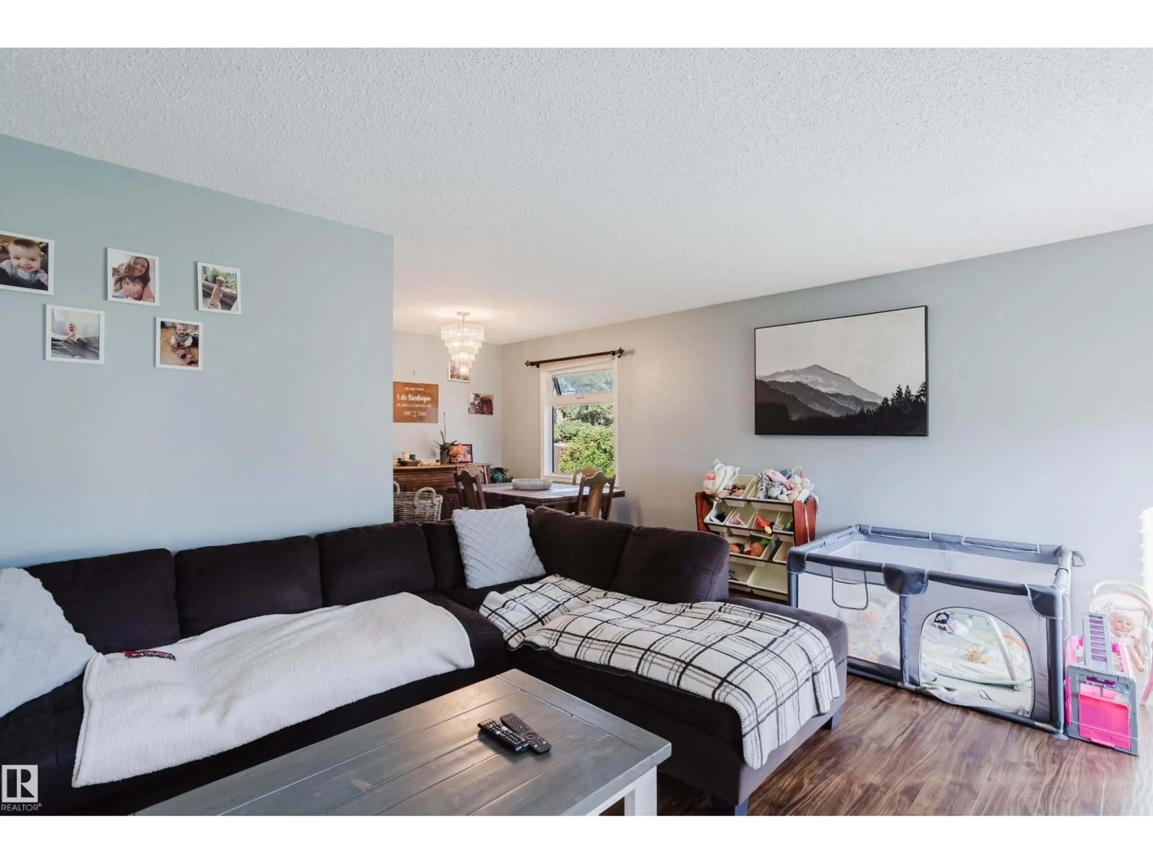 Living room with furniture, wood/laminate floor for NW - 15256 122 ST, Edmonton Alberta T5X1P5