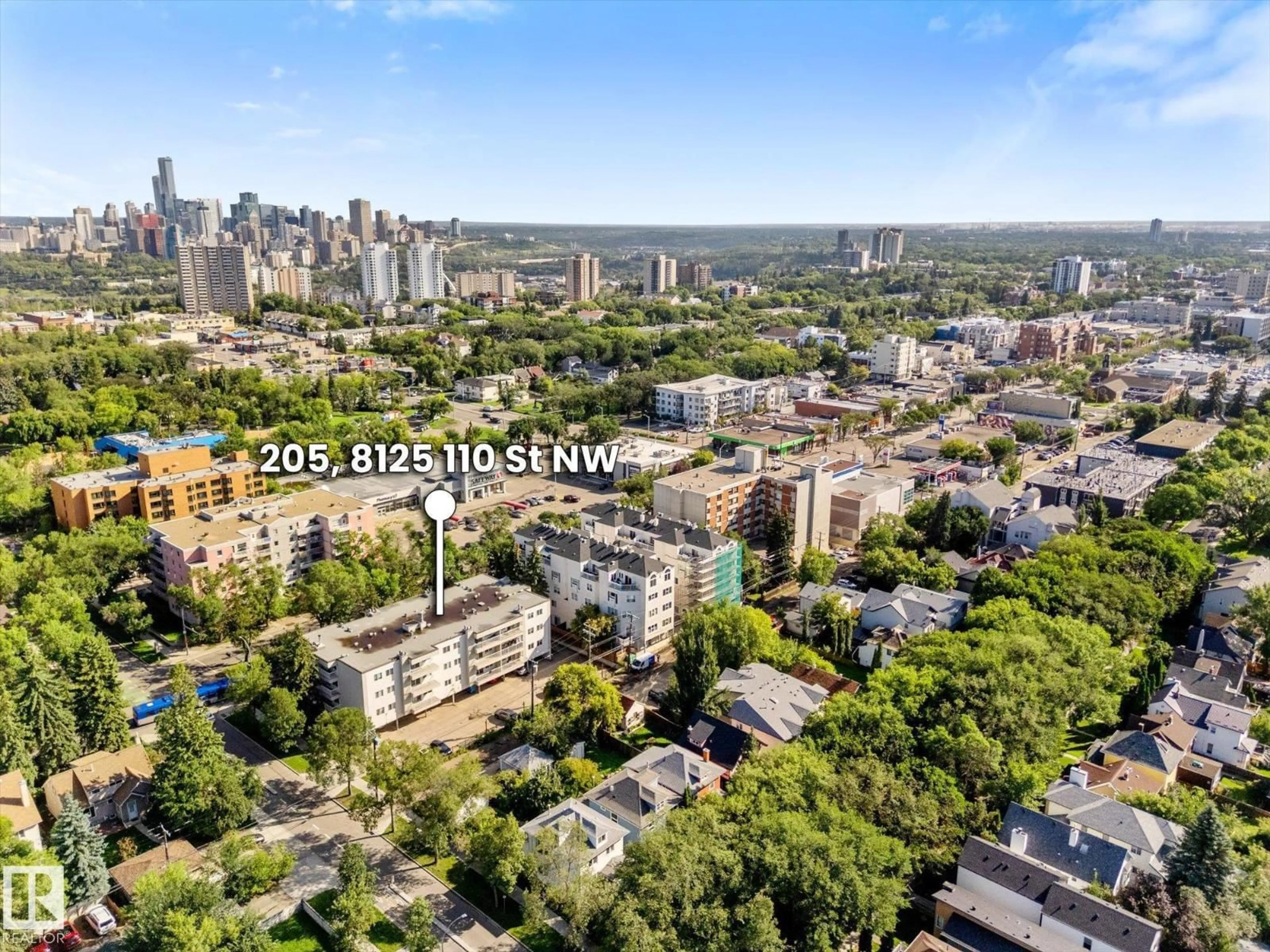 A pic from outside/outdoor area/front of a property/back of a property/a pic from drone, city buildings view from balcony for 205 - 8125 110 ST NW, Edmonton Alberta T6G2P3