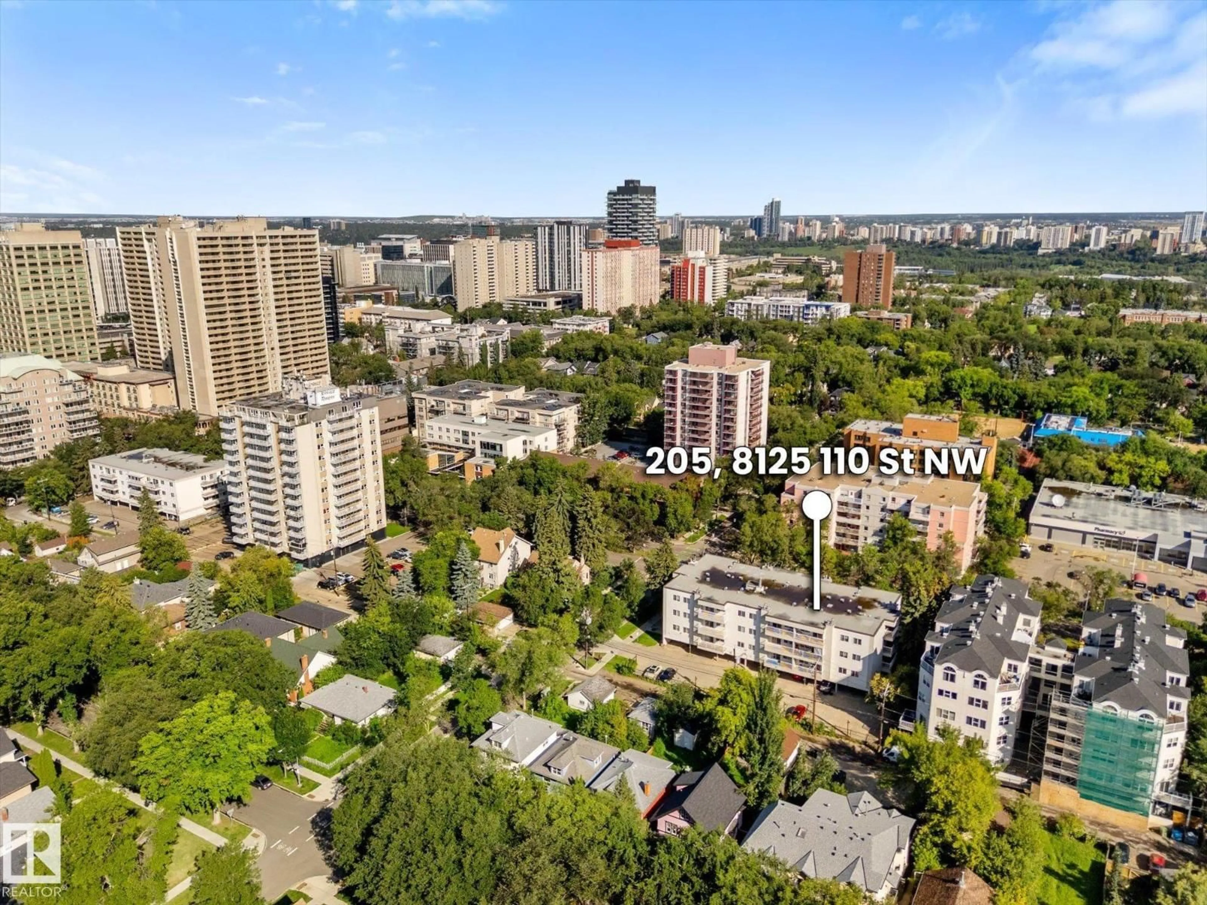 A pic from outside/outdoor area/front of a property/back of a property/a pic from drone, city buildings view from balcony for 205 - 8125 110 ST NW, Edmonton Alberta T6G2P3