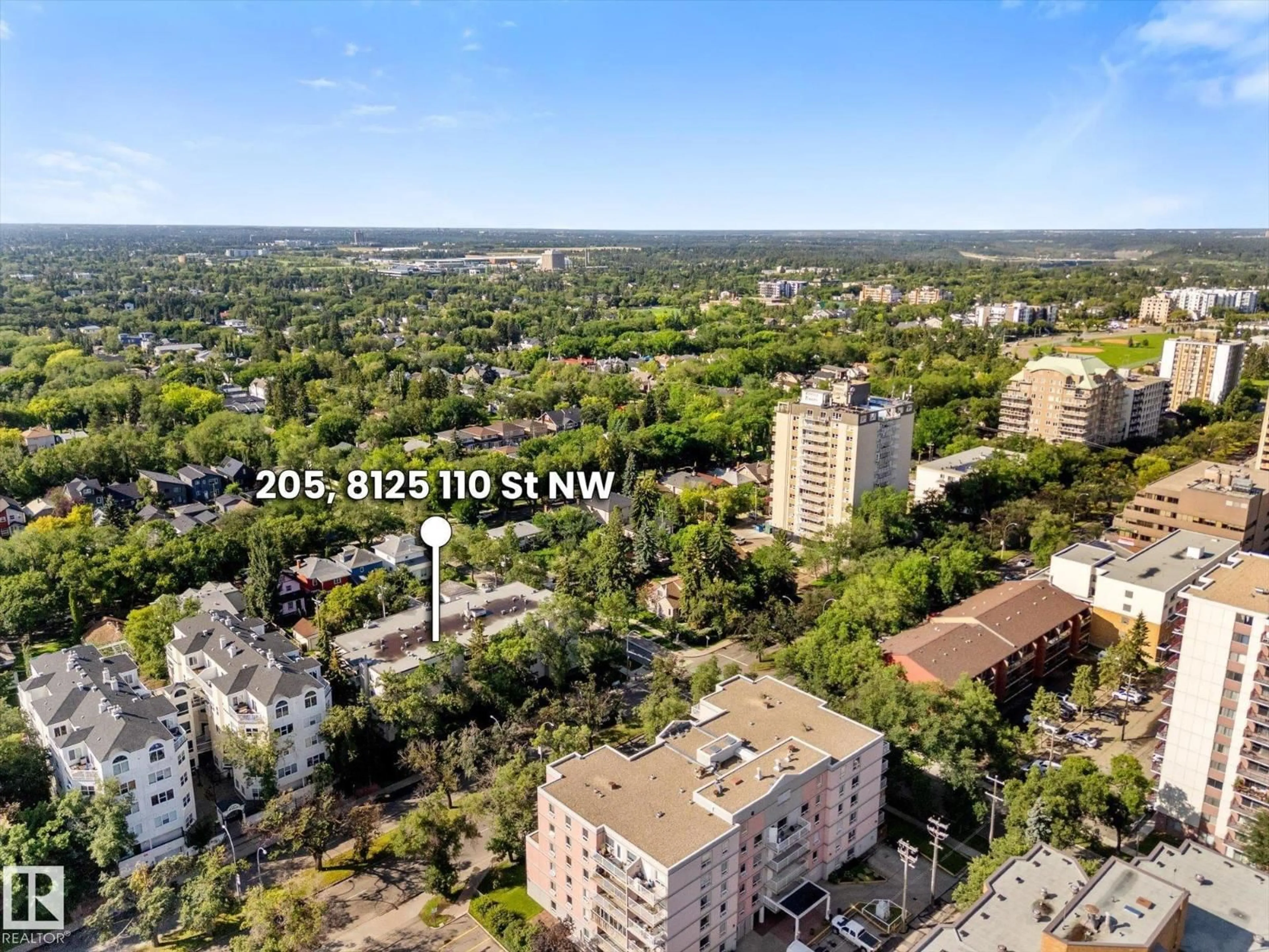 A pic from outside/outdoor area/front of a property/back of a property/a pic from drone, city buildings view from balcony for 205 - 8125 110 ST NW, Edmonton Alberta T6G2P3