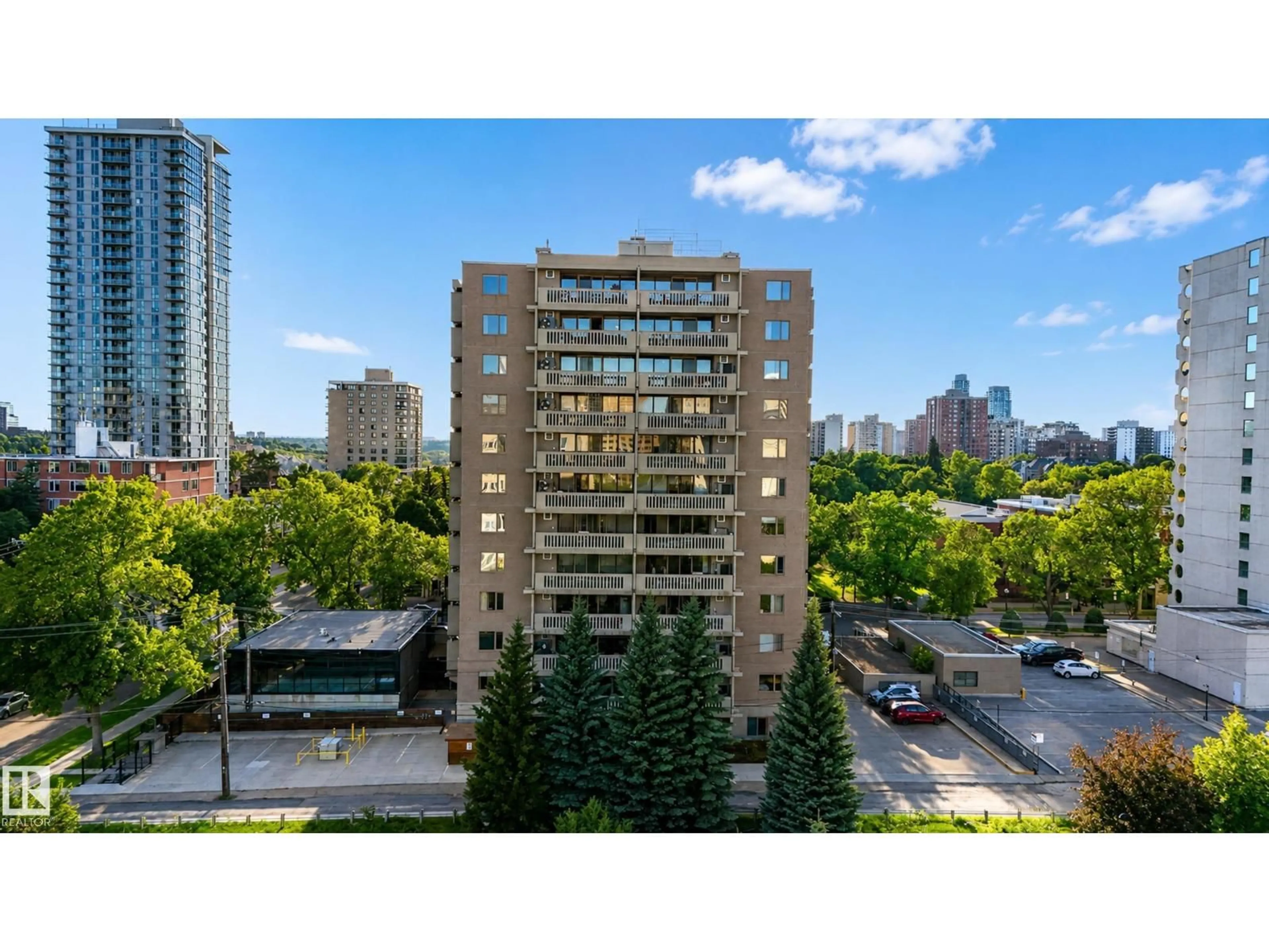 A pic from outside/outdoor area/front of a property/back of a property/a pic from drone, city buildings view from balcony for #301 - 9809 110 ST, Edmonton Alberta T5K2J9