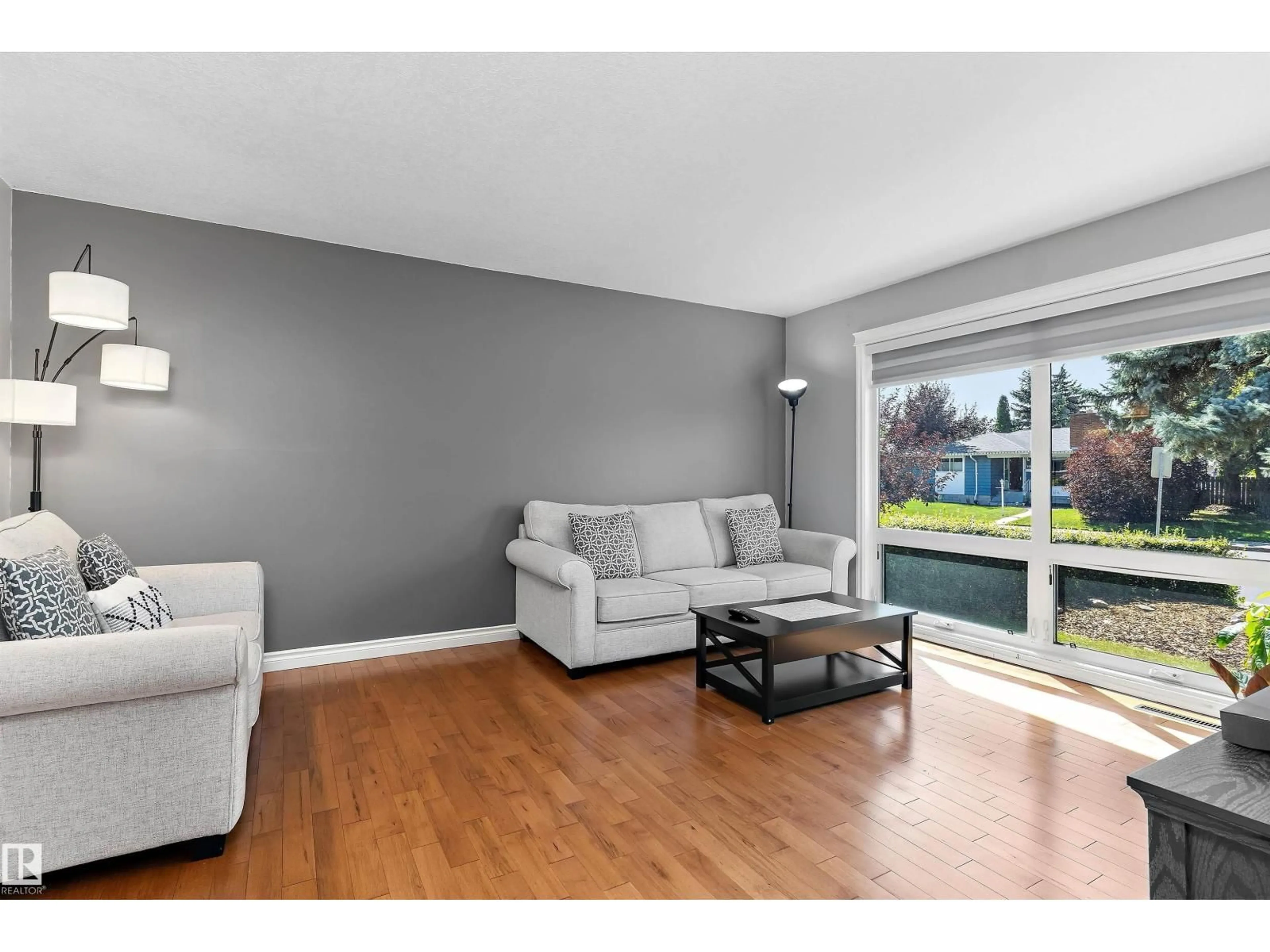 Living room with furniture, wood/laminate floor for 3839 117 ST, Edmonton Alberta T6J1S8