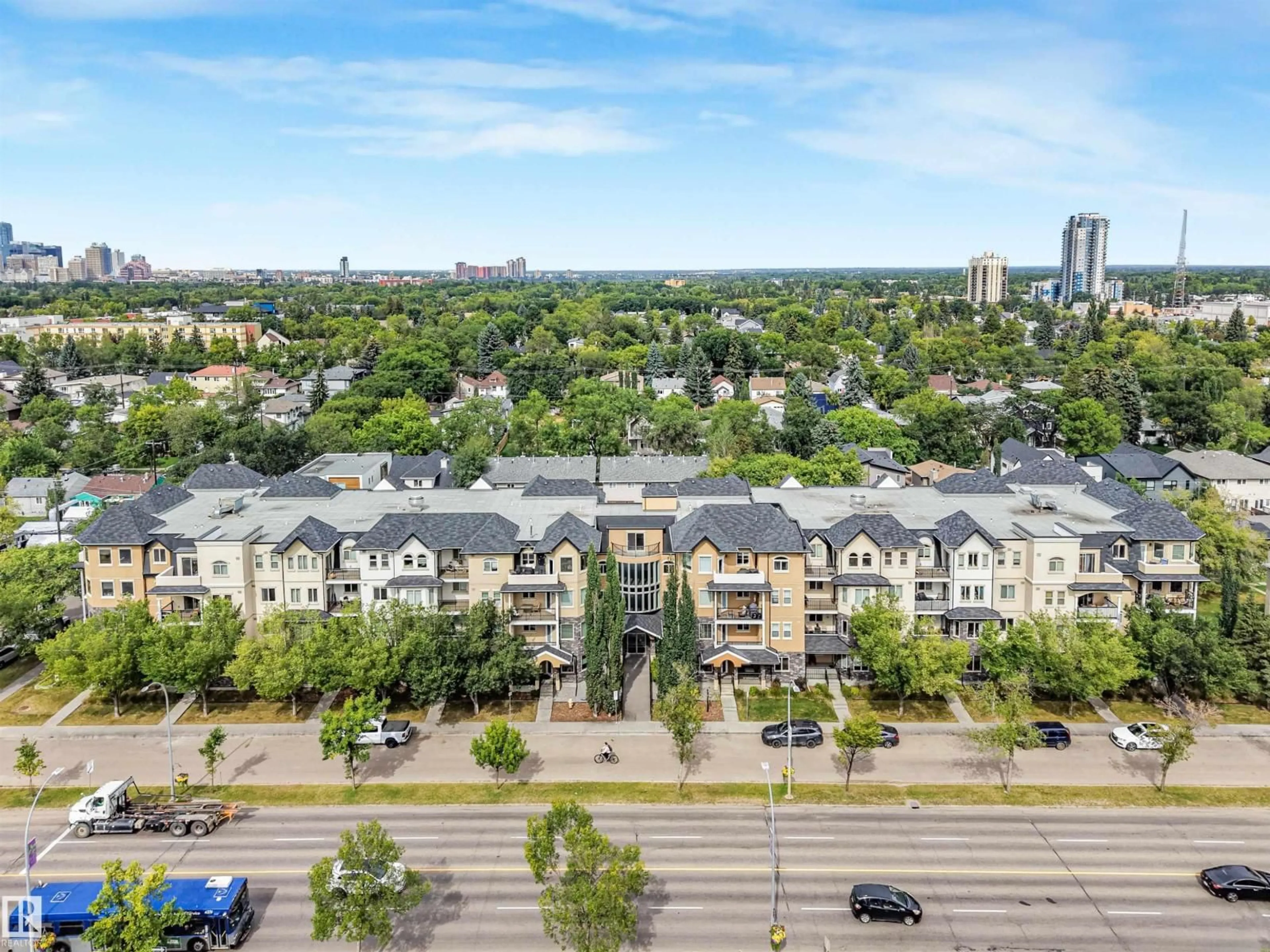 A pic from outside/outdoor area/front of a property/back of a property/a pic from drone, city buildings view from balcony for #214 - 8730 82 AV, Edmonton Alberta T6C0Z1