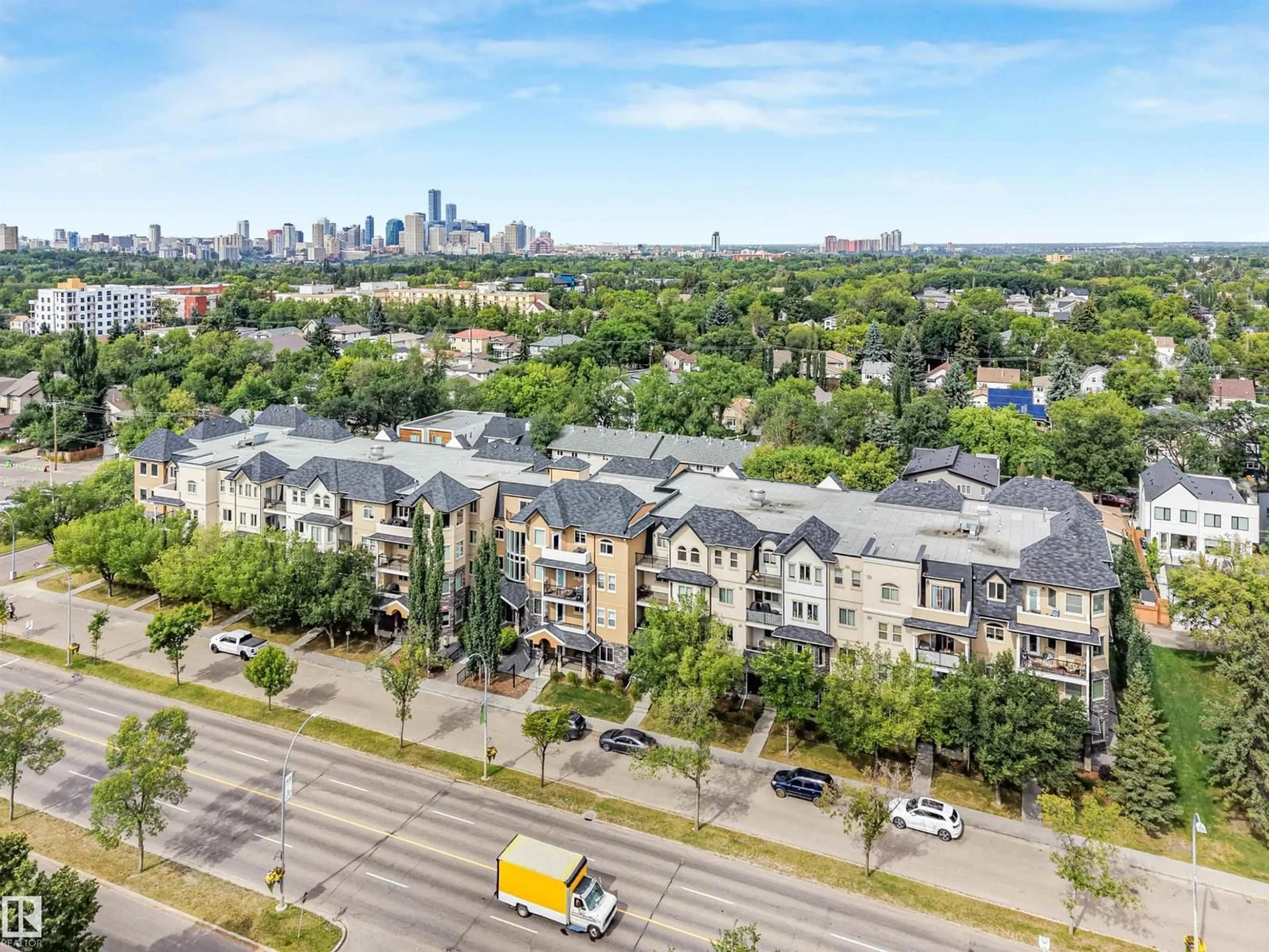 A pic from outside/outdoor area/front of a property/back of a property/a pic from drone, city buildings view from balcony for #214 - 8730 82 AV, Edmonton Alberta T6C0Z1