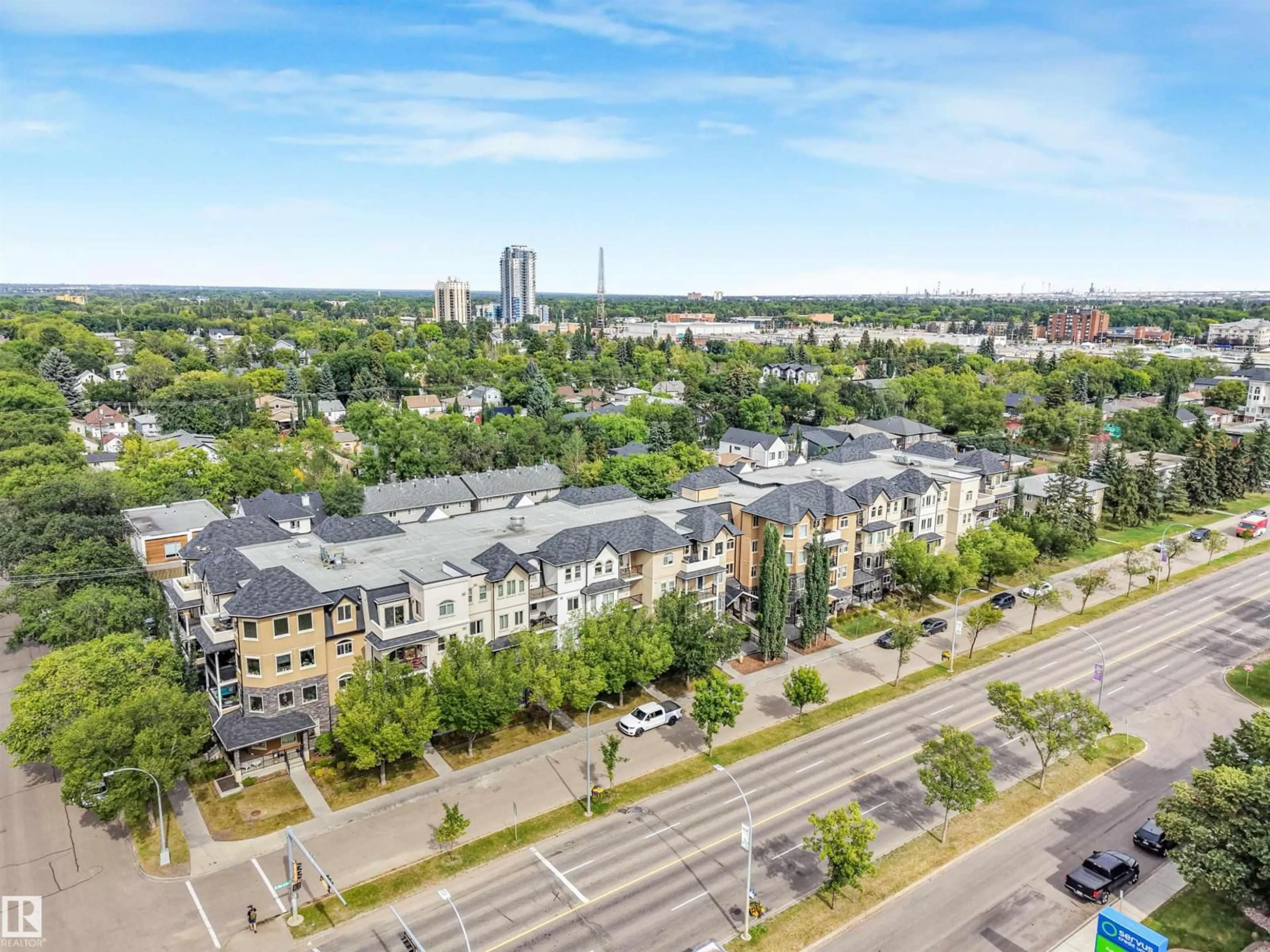 A pic from outside/outdoor area/front of a property/back of a property/a pic from drone, city buildings view from balcony for #214 - 8730 82 AV, Edmonton Alberta T6C0Z1