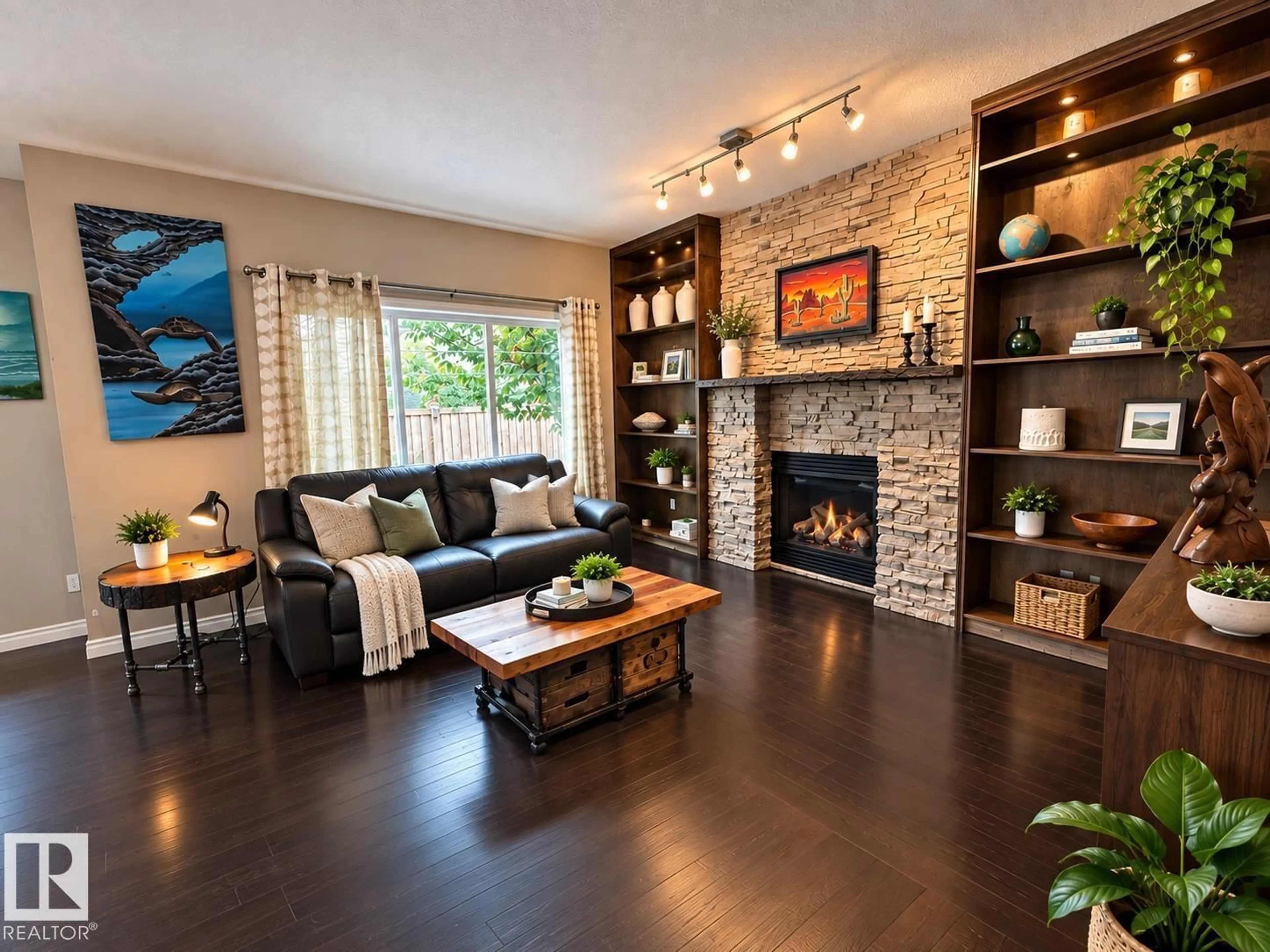 Living room with furniture, wood/laminate floor for 16893 58A ST, Edmonton Alberta T5Y0N1