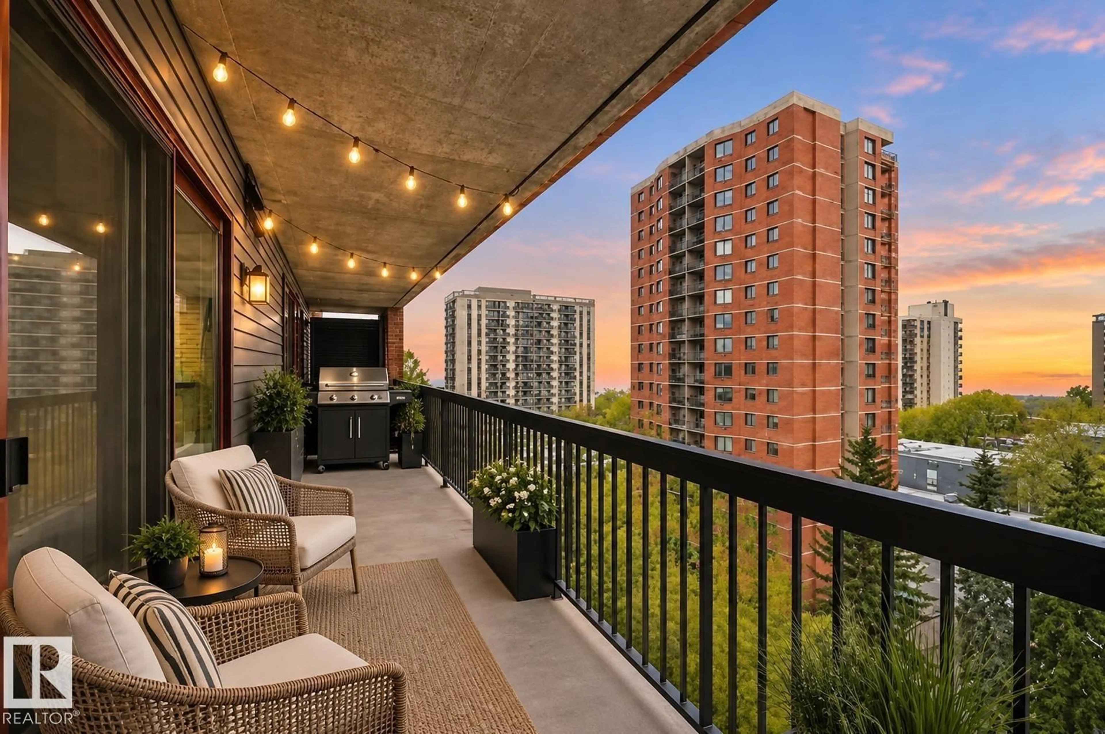 Patio, city buildings view from balcony for #1003 - 9929 113 ST, Edmonton Alberta T5K2N9